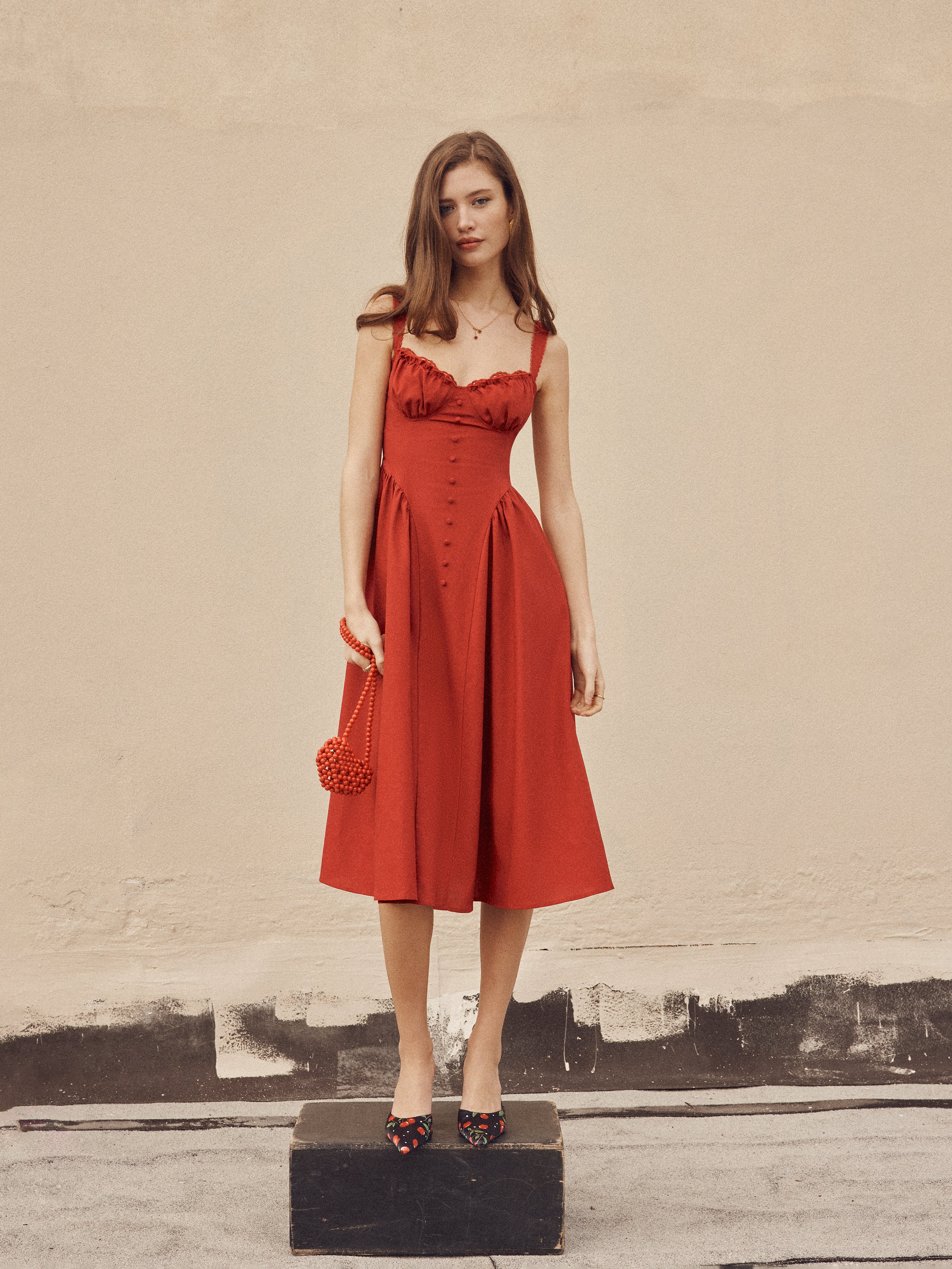 Cotton-blend Sculptural U-neckline Ruffled Lace Up Flared Maxi Dress - Red