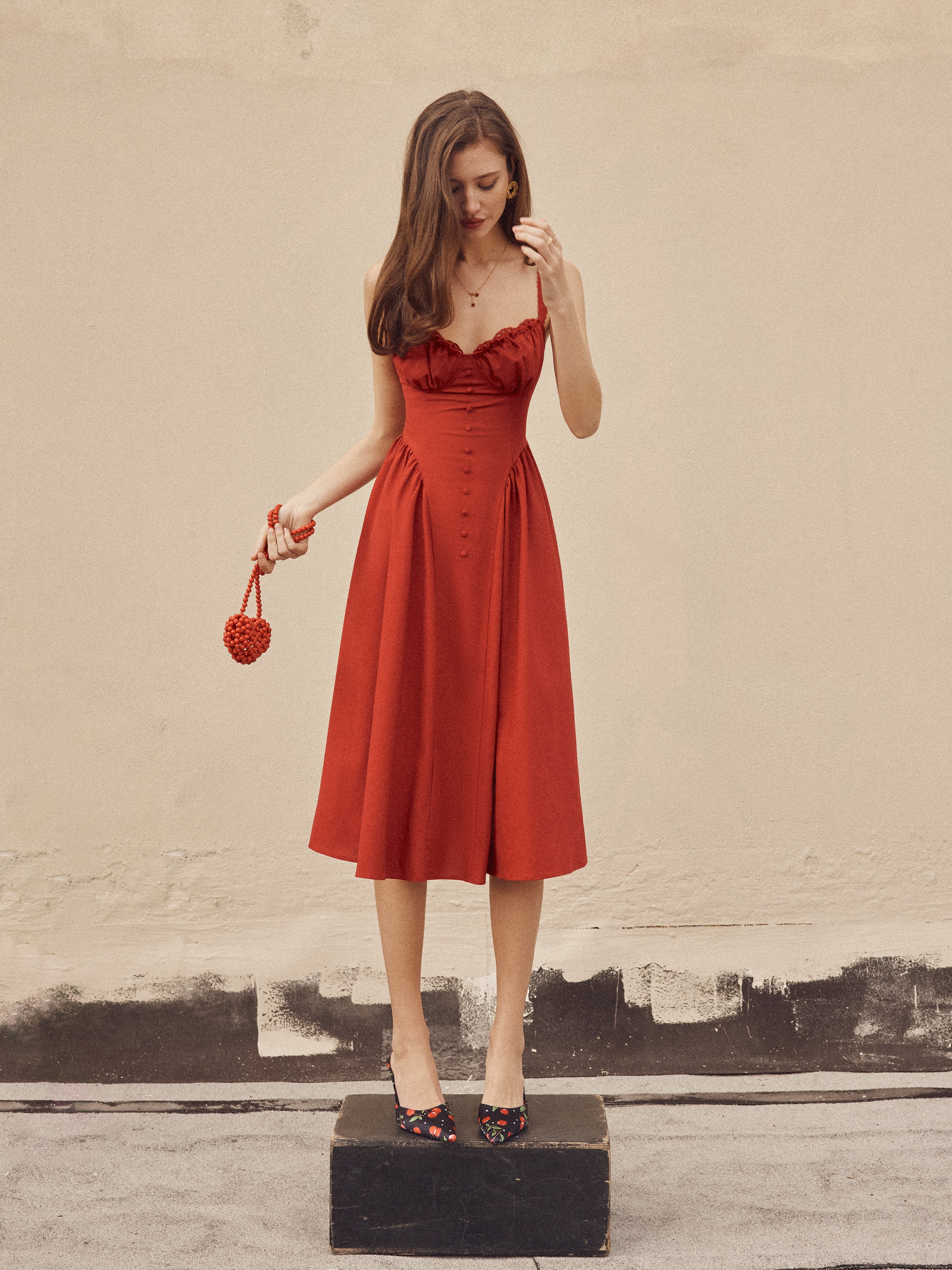 Cotton-blend Sculptural U-neckline Ruffled Lace Up Flared Maxi Dress - Red