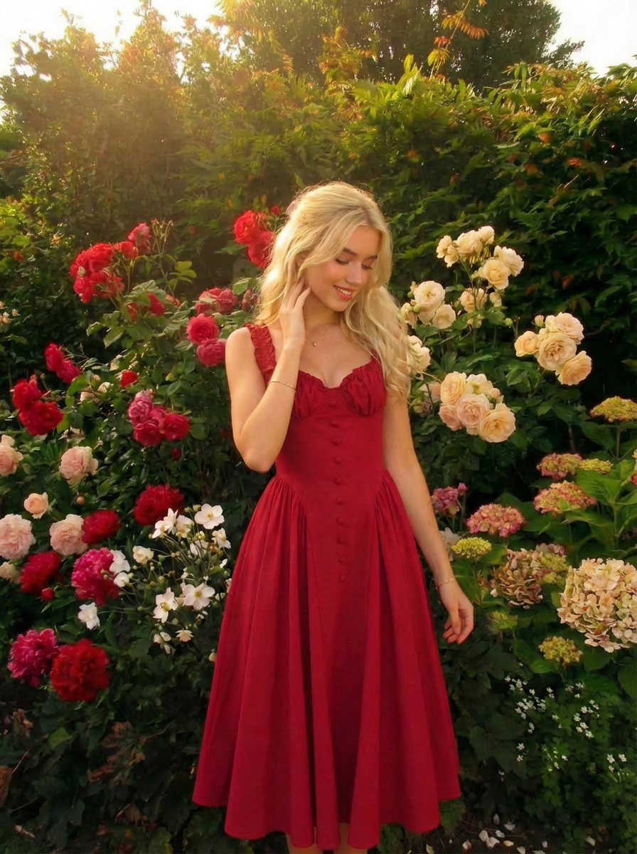 Cotton-blend Sculptural U-neckline Ruffled Lace Up Flared Maxi Dress - Red