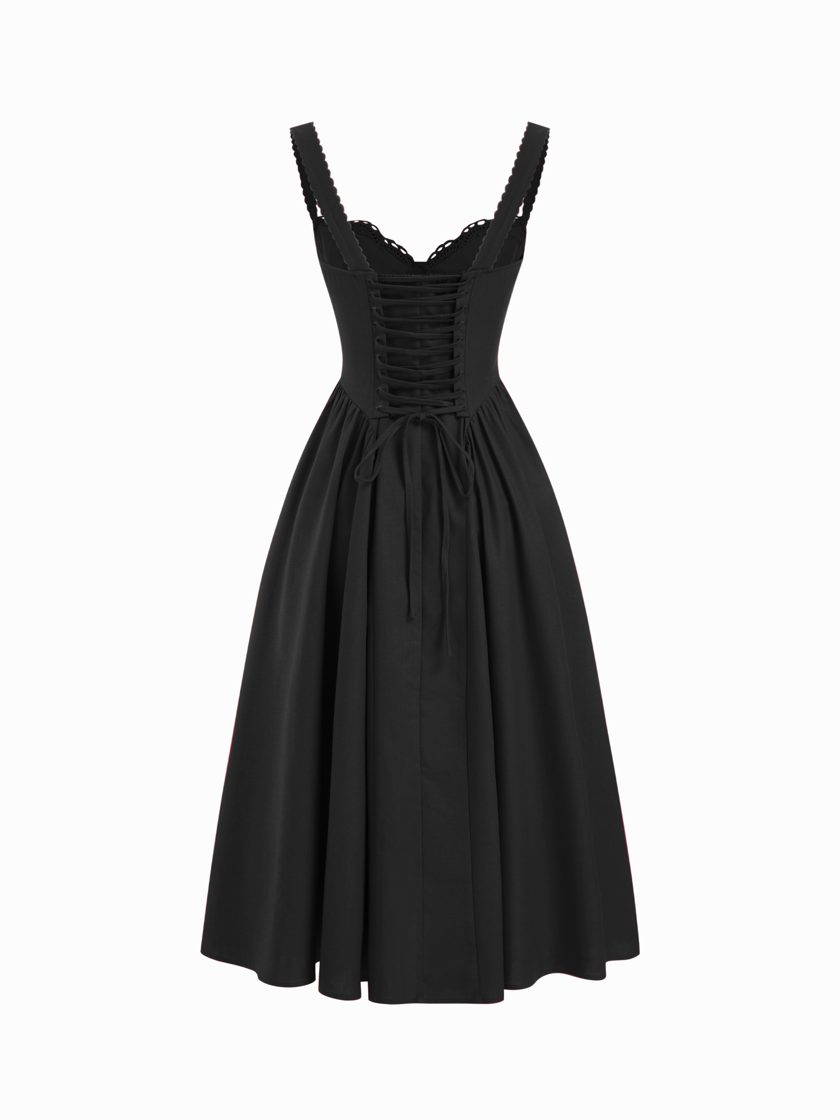 Cotton-blend Sculptural U-neckline Ruffled Lace Up Flared Maxi Dress - Black