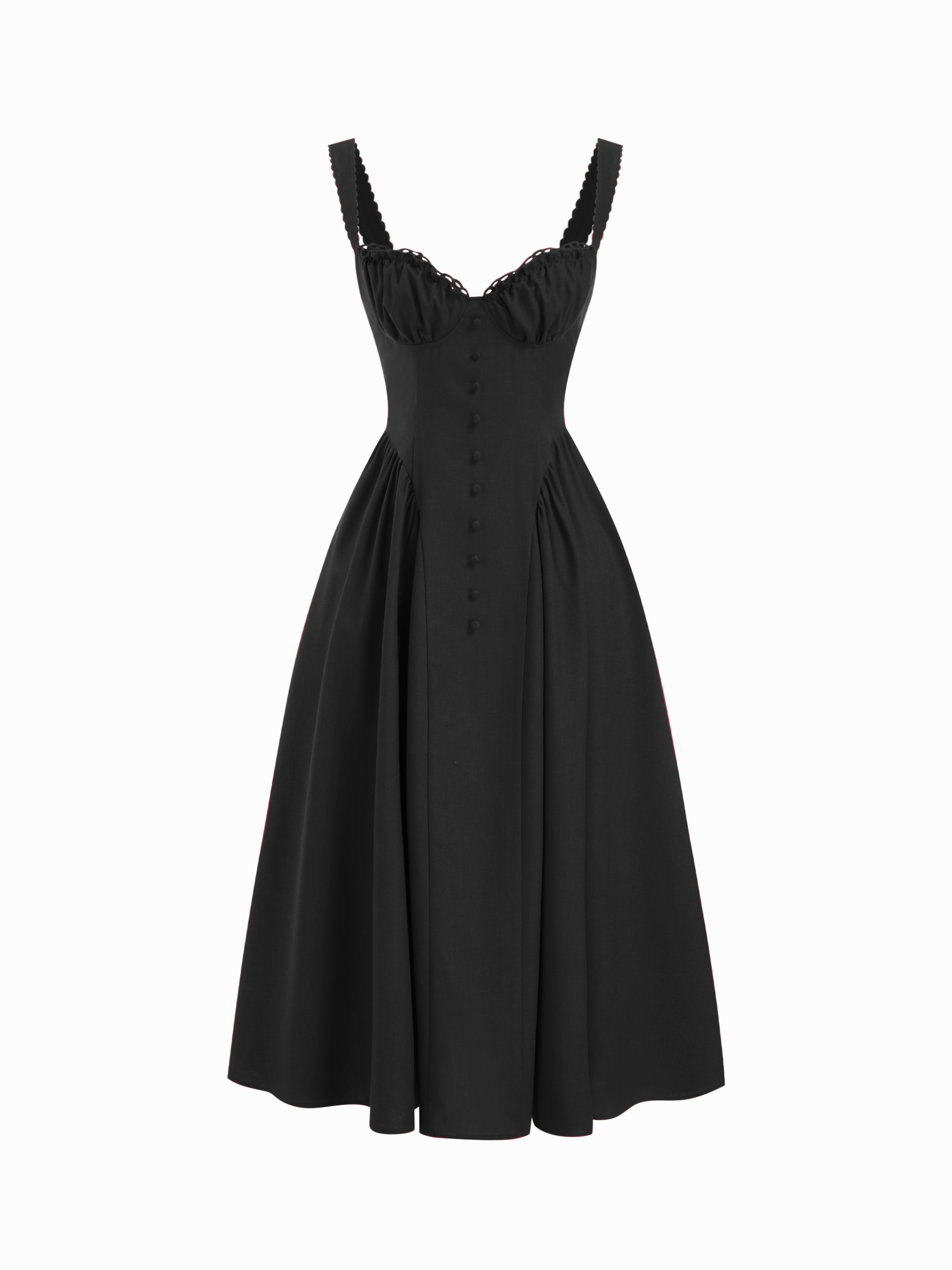 Cotton-blend Sculptural U-neckline Ruffled Lace Up Flared Maxi Dress - Black