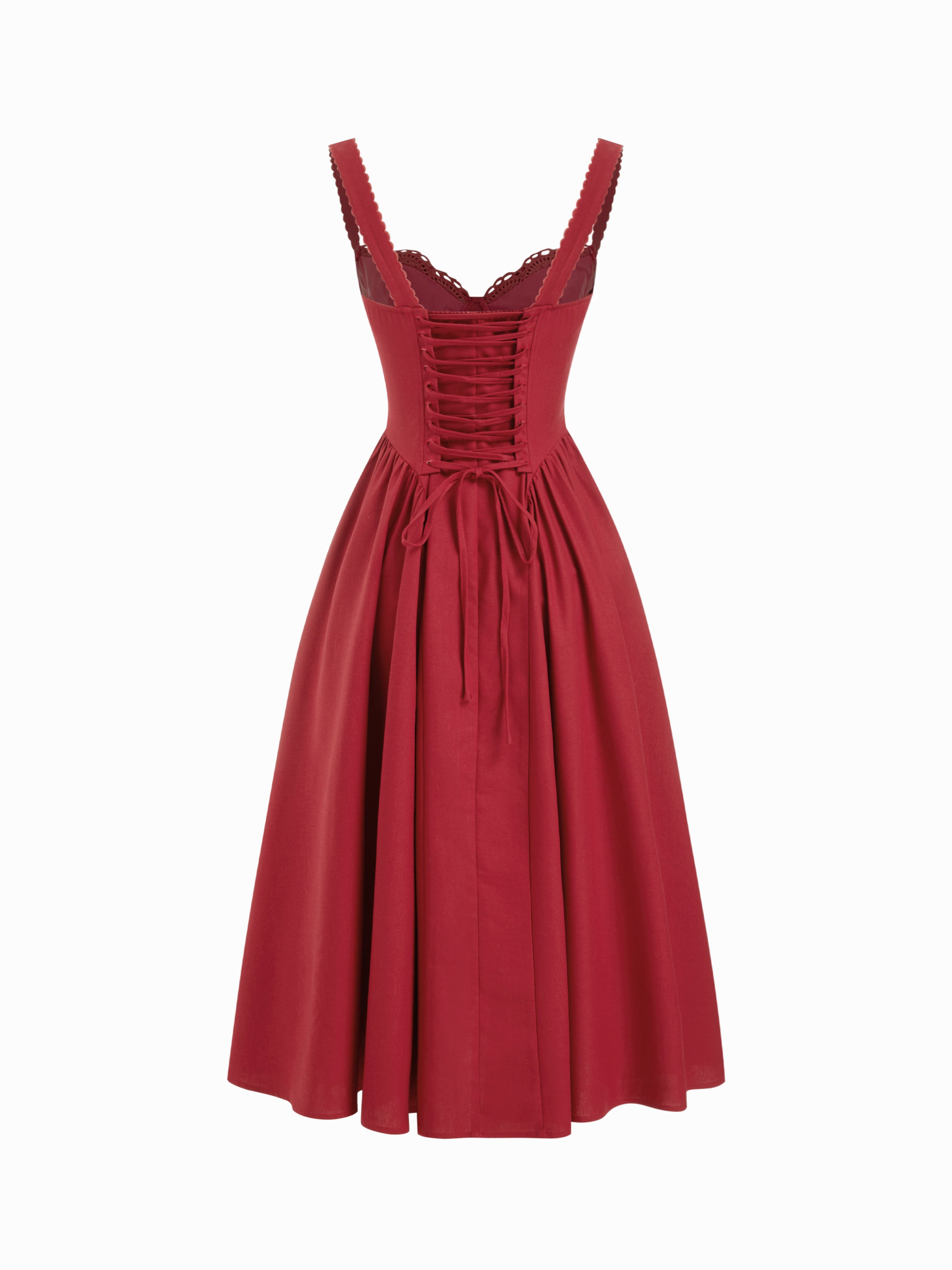 Cotton-blend Sculptural U-neckline Ruffled Lace Up Flared Maxi Dress - Red
