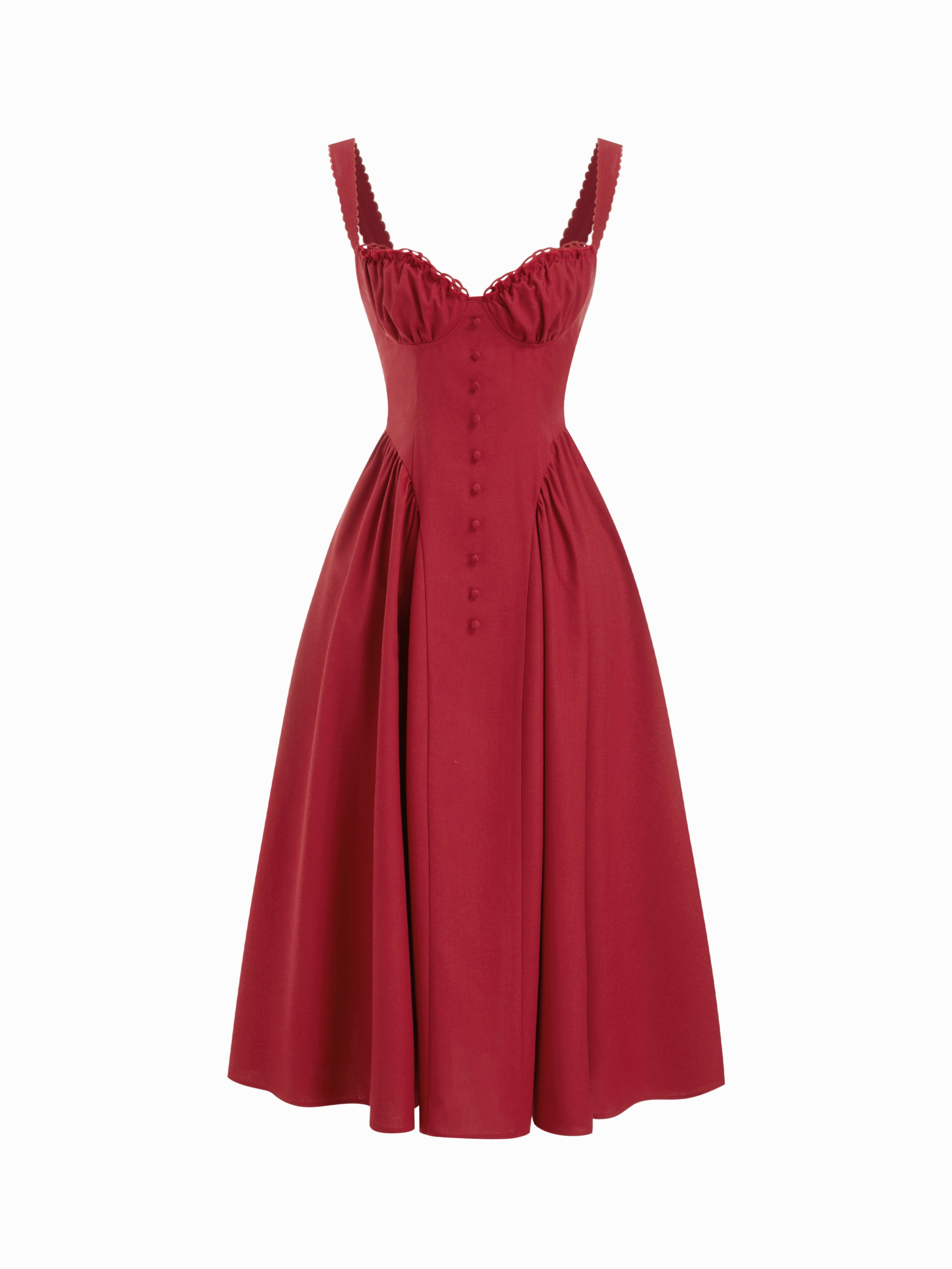 Cotton-blend Sculptural U-neckline Ruffled Lace Up Flared Maxi Dress - Red