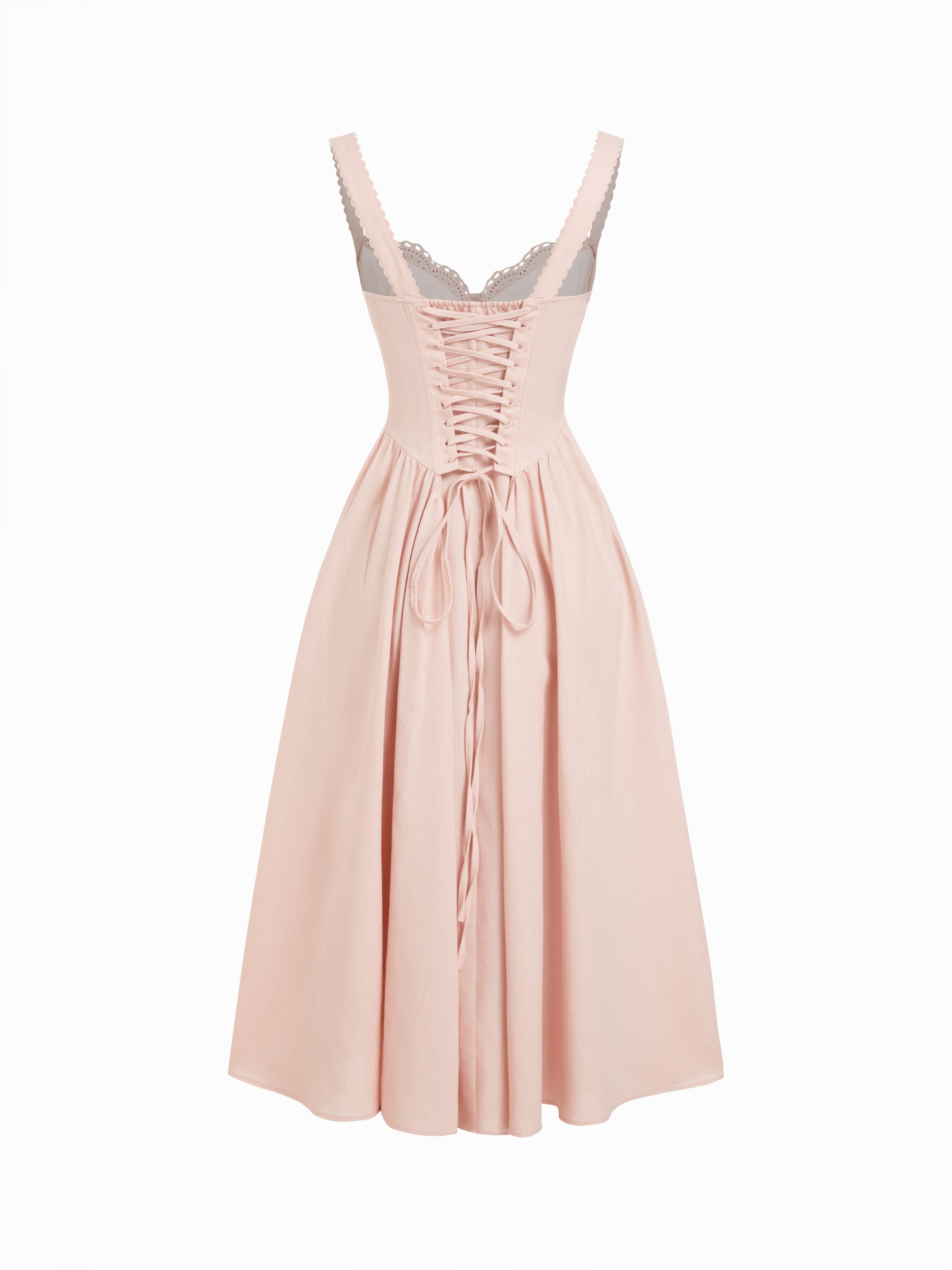 Cotton-blend Sculptural U-neckline Ruffled Lace Up Flared Maxi Dress - Pink