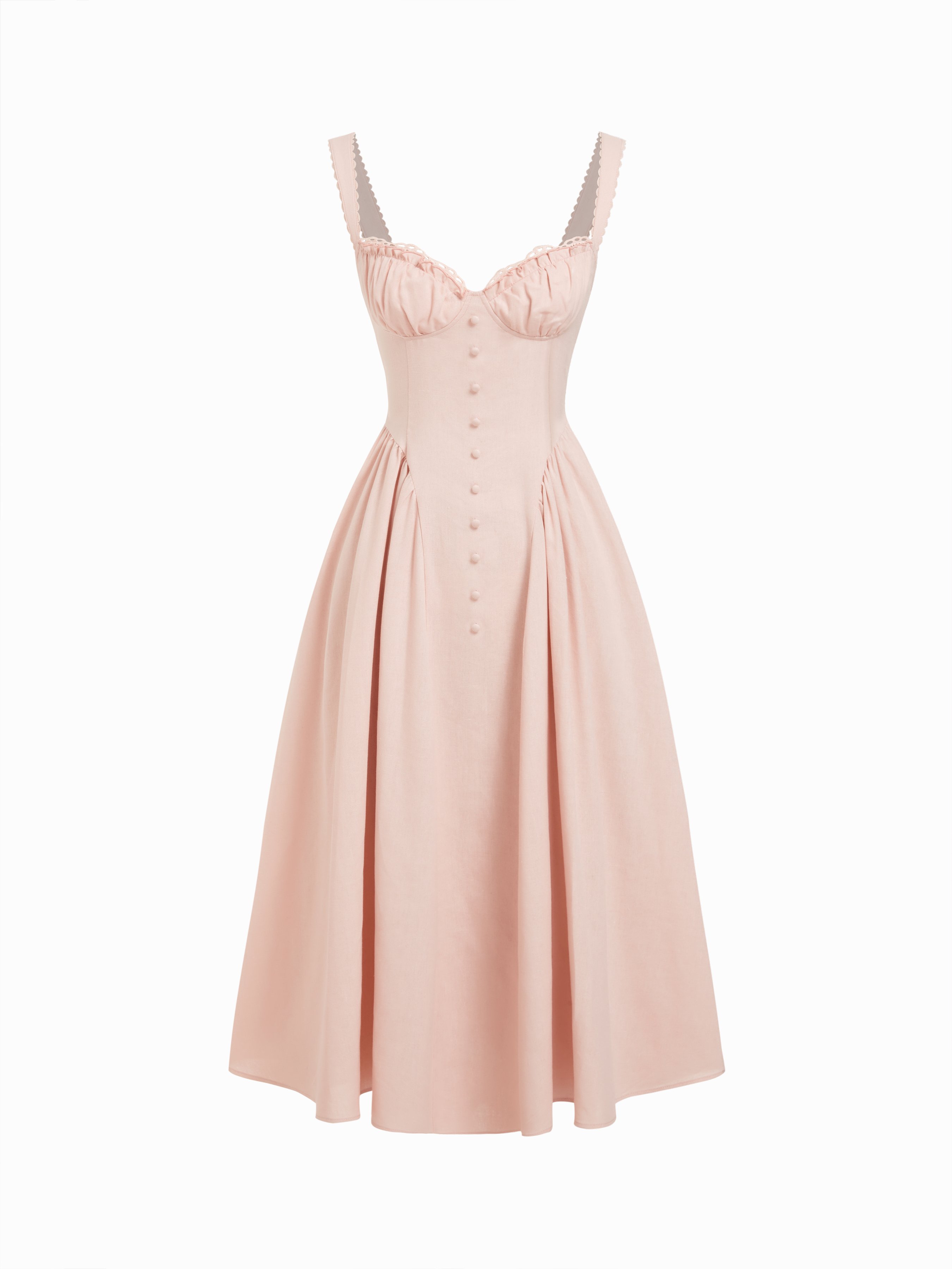 Cotton-blend Sculptural U-neckline Ruffled Lace Up Flared Maxi Dress - Pink