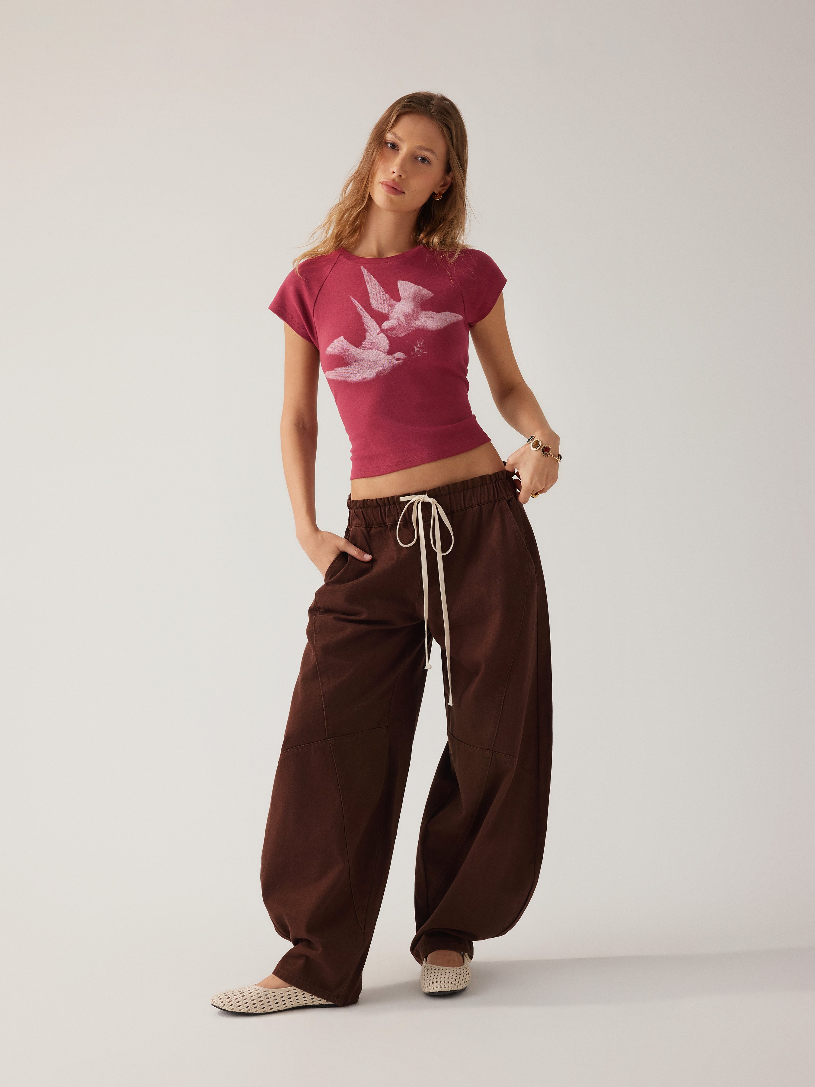 Bird Graphic Cotton Raglan Sleeve Crop Tee - Wine