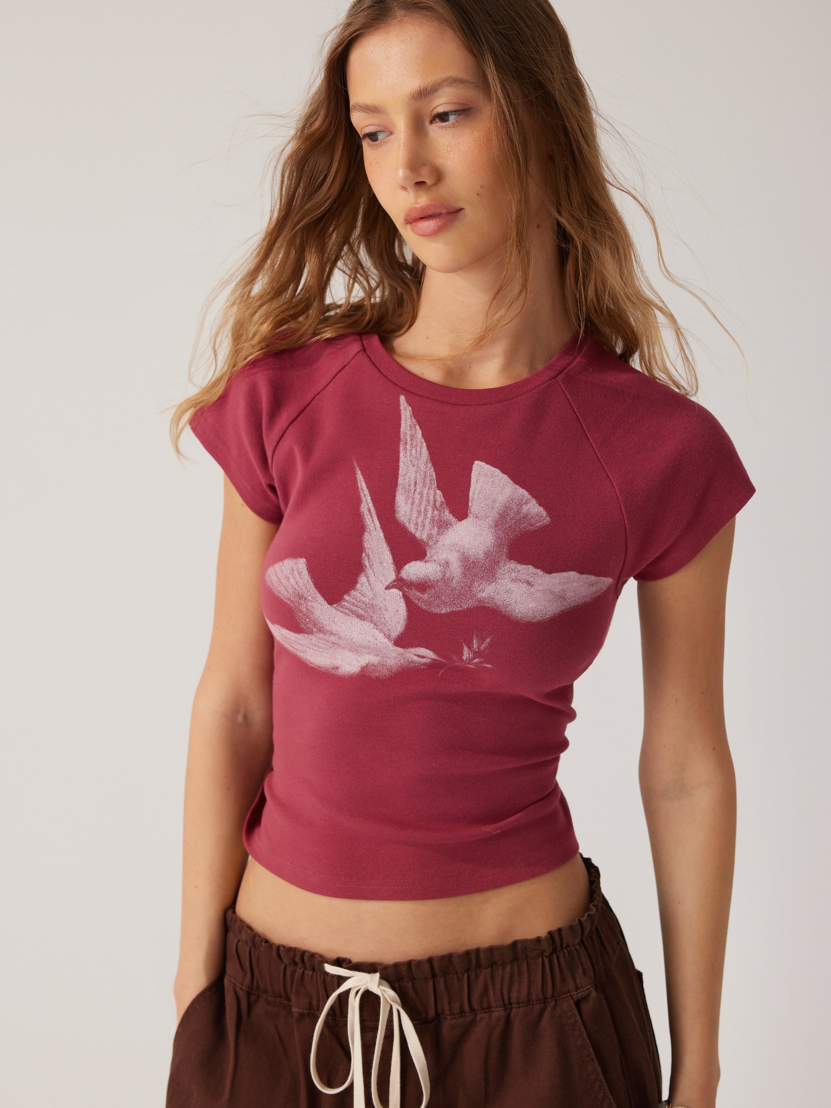 Bird Graphic Cotton Raglan Sleeve Crop Tee - Wine