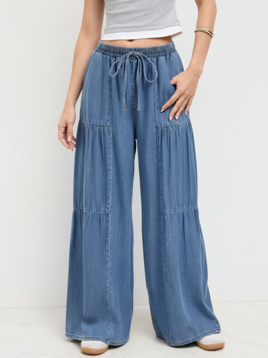 Denim Mid Rise Drawstring Ruched Wide Leg Jeans - Indigo