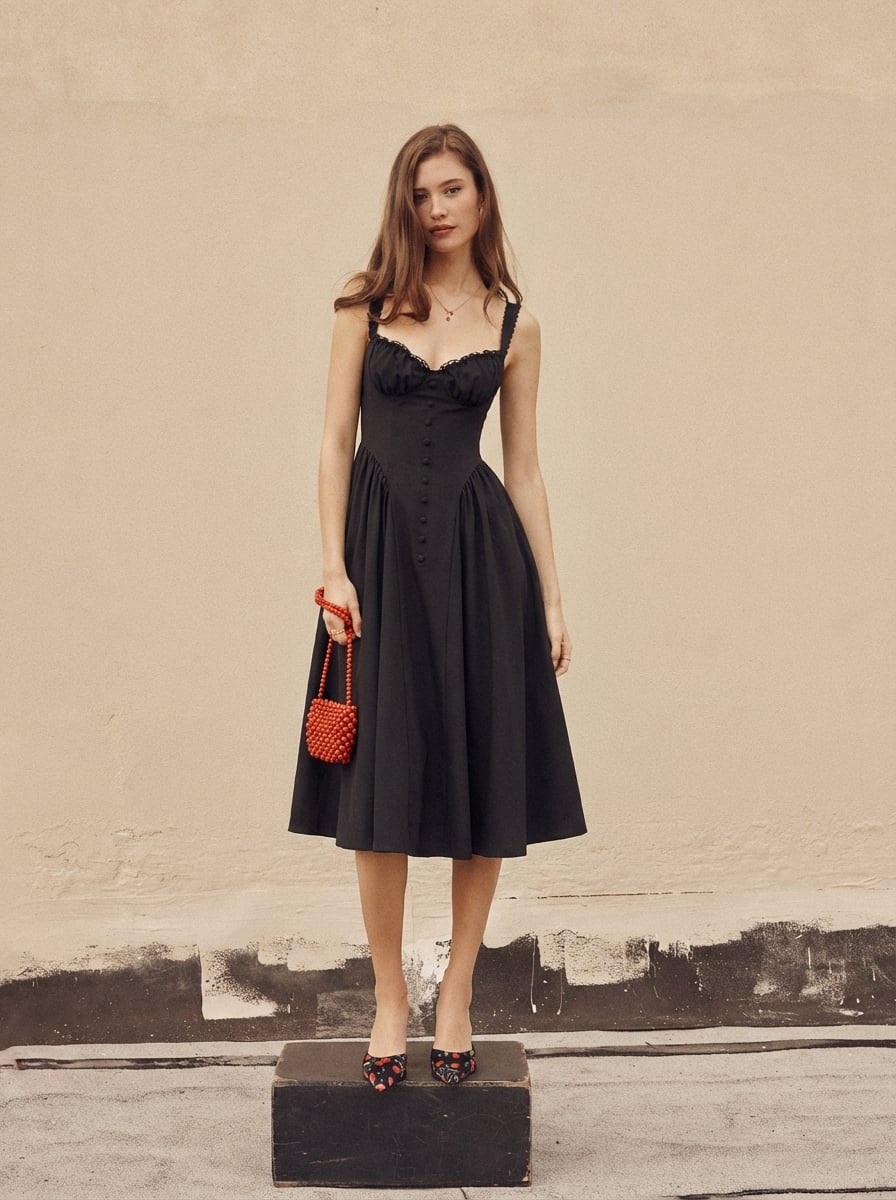 Cotton-blend Sculptural U-neckline Ruffled Lace Up Flared Maxi Dress - Black