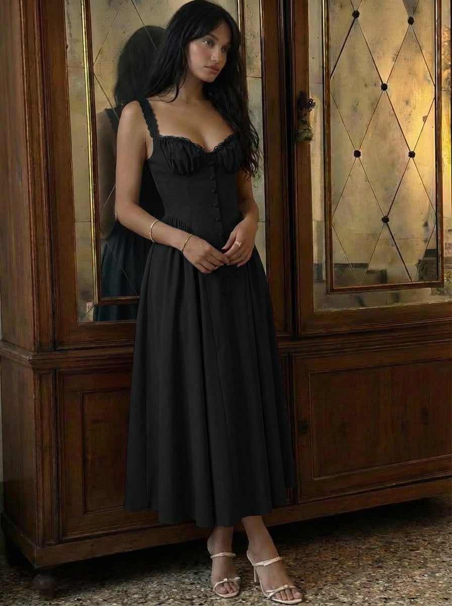Cotton-blend Sculptural U-neckline Ruffled Lace Up Flared Maxi Dress - Black