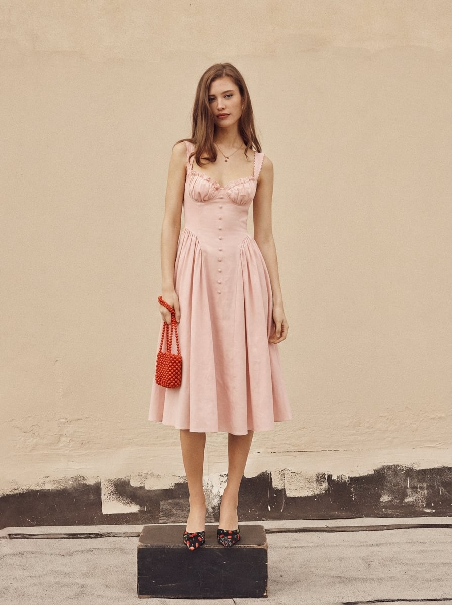 Cotton-blend Sculptural U-neckline Ruffled Lace Up Flared Maxi Dress - Pink
