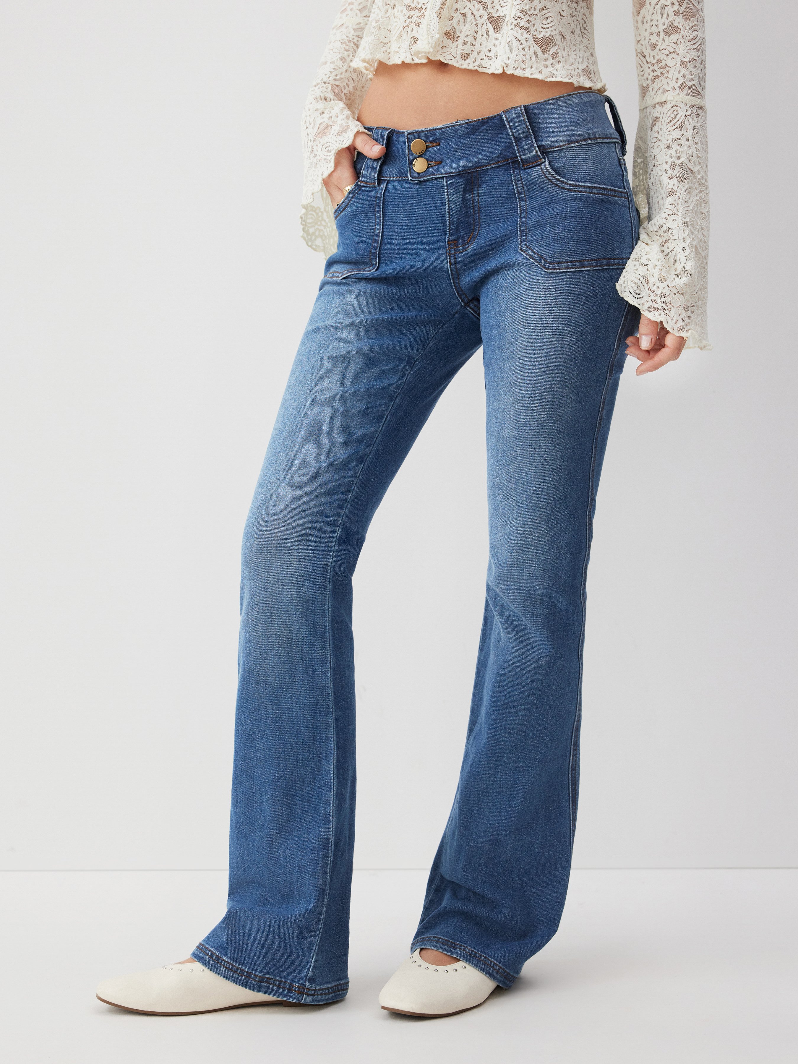 Denim Low Rise Pocket Flared Jeans