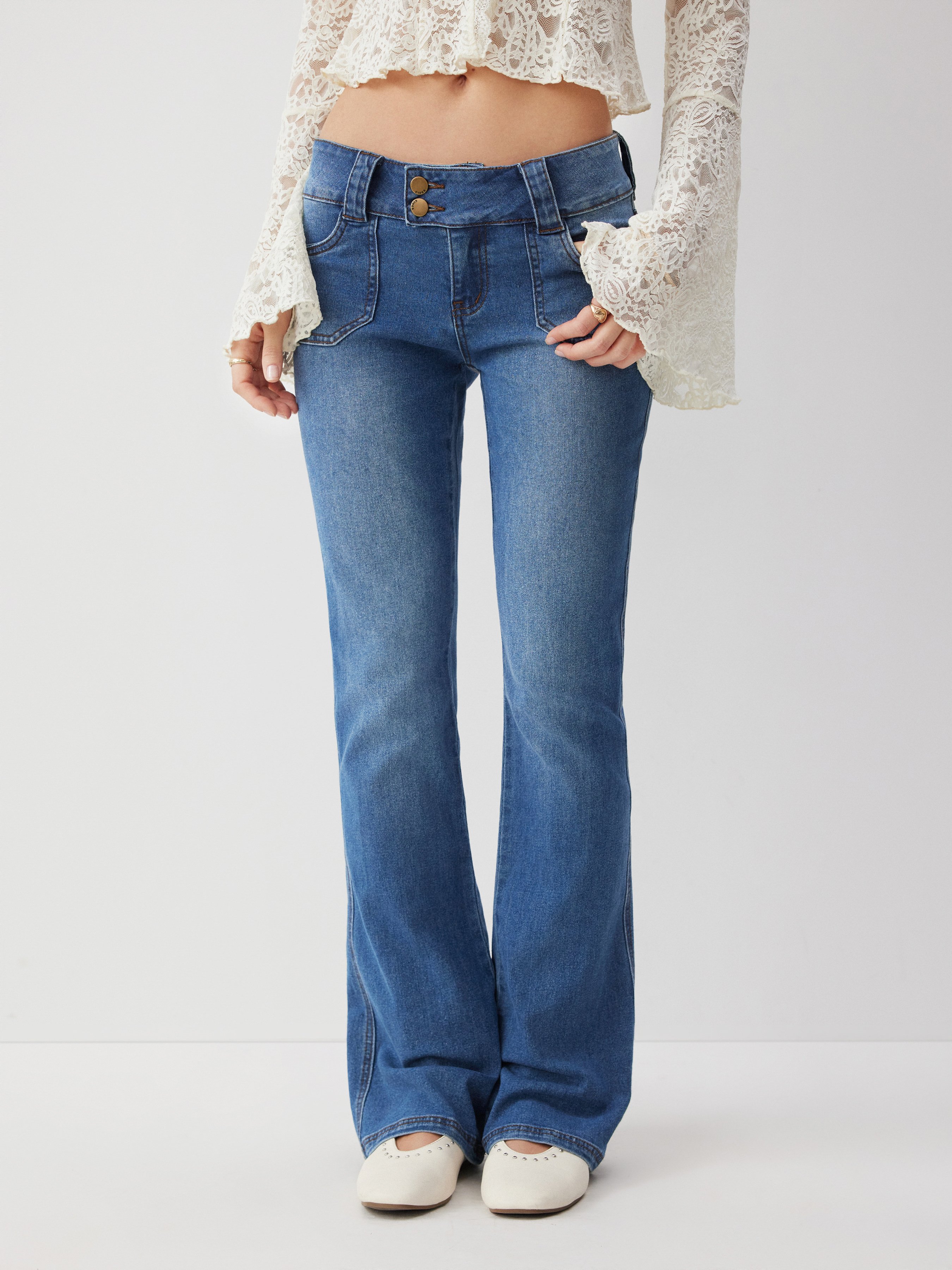 Denim Low Rise Pocket Flared Jeans
