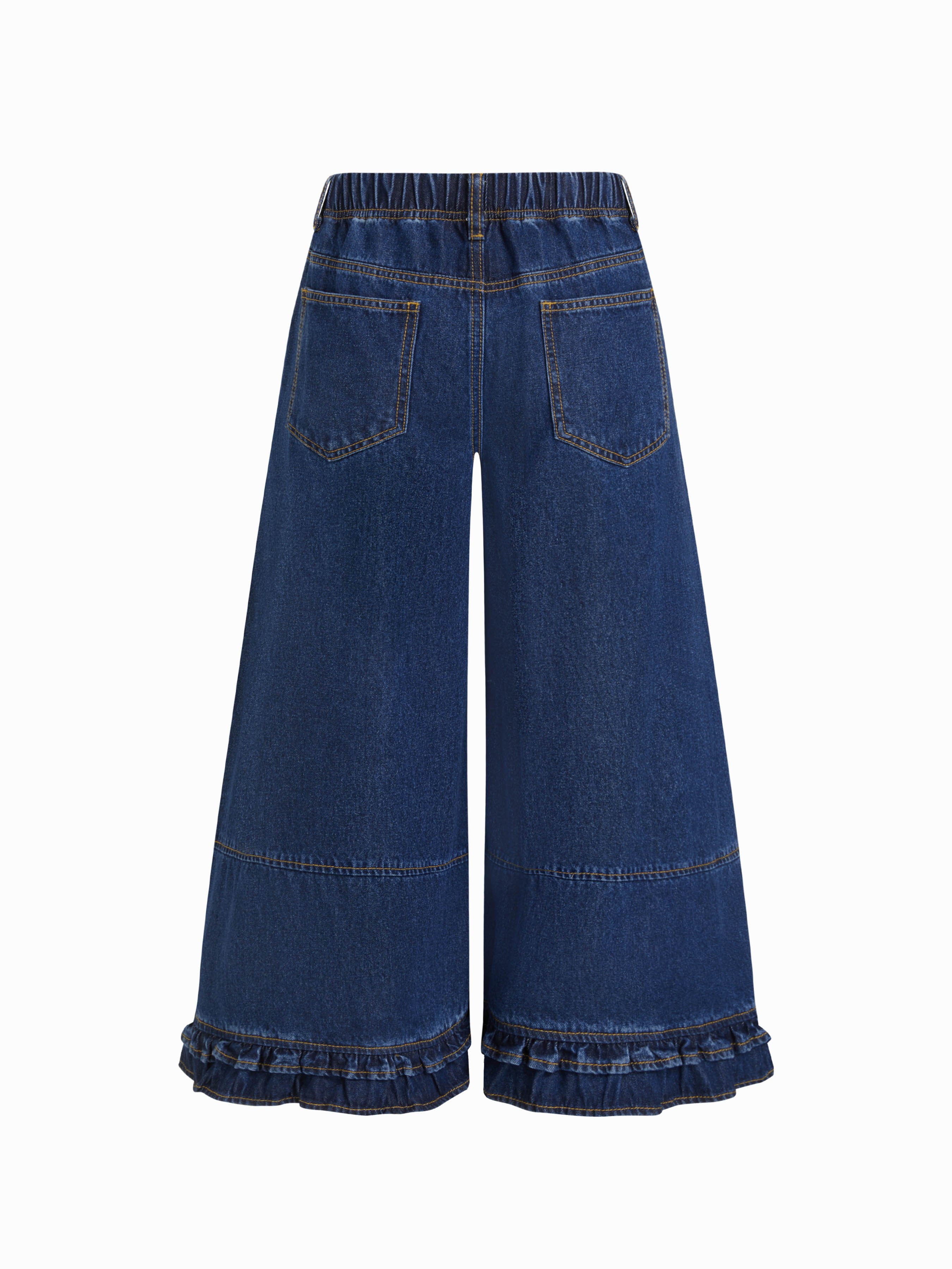 Washed Denim Low Rise Elastic Waist Wide Leg Cropped Bloomer Jeans