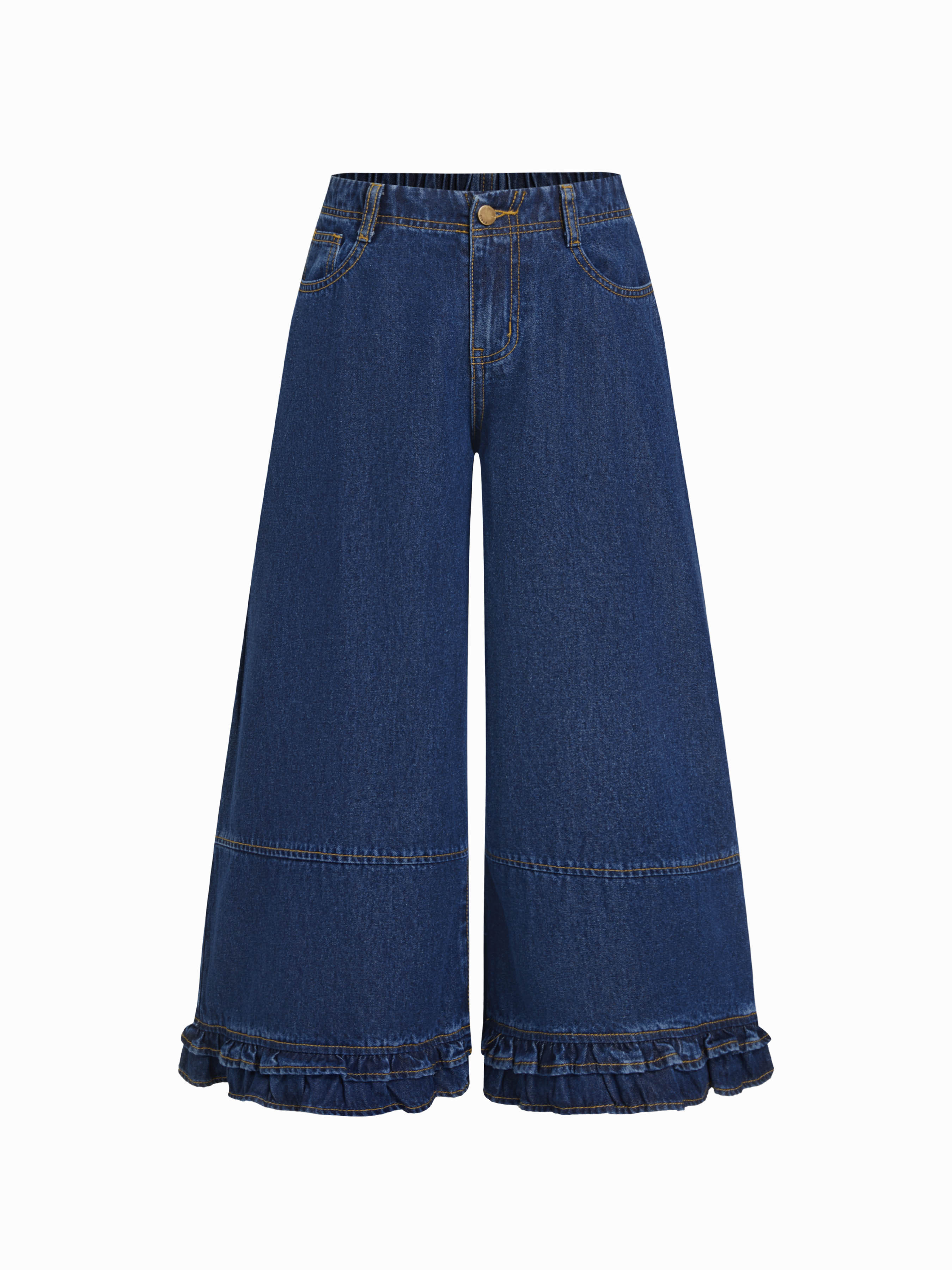 Washed Denim Low Rise Elastic Waist Wide Leg Cropped Bloomer Jeans