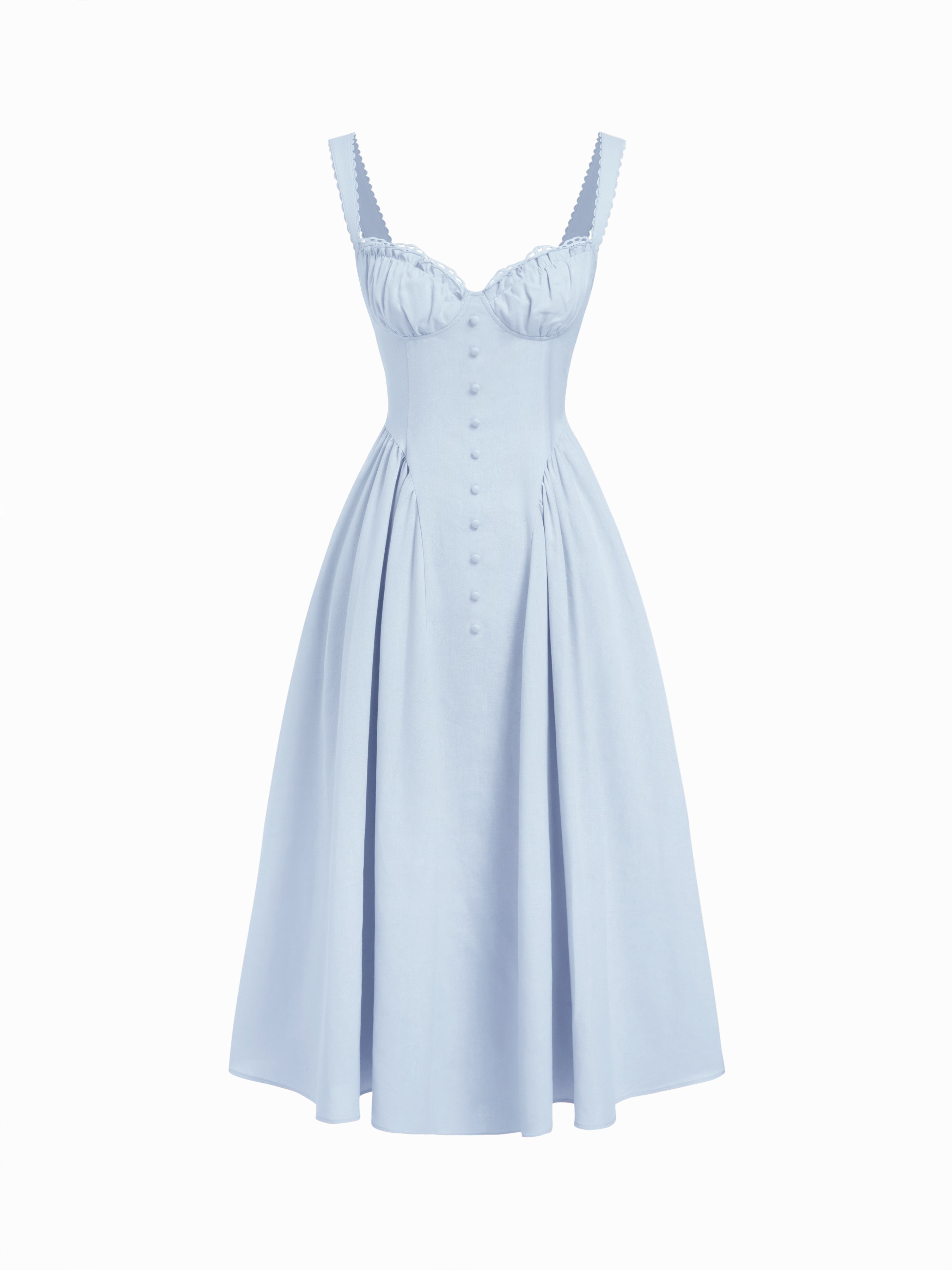Cotton-blend Sculptural U-neckline Ruffled Lace Up Flared Maxi Dress - Baby Blue