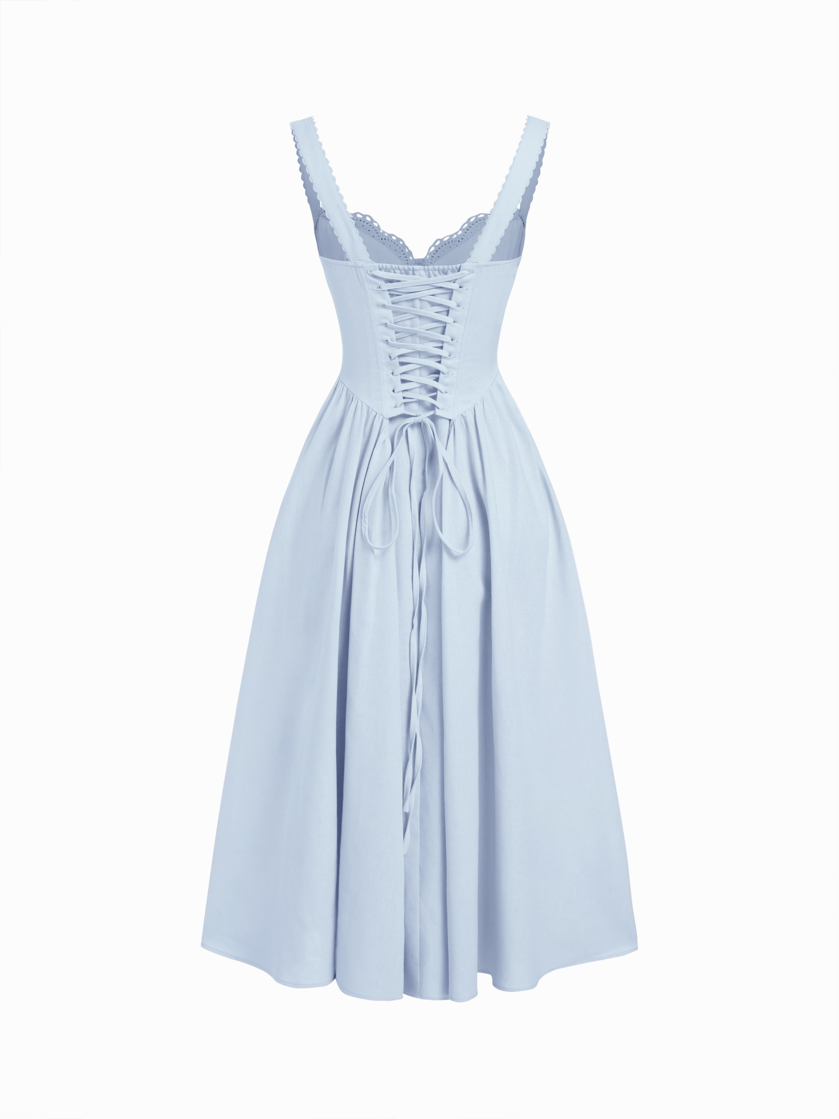 Cotton-blend Sculptural U-neckline Ruffled Lace Up Flared Maxi Dress - Baby Blue