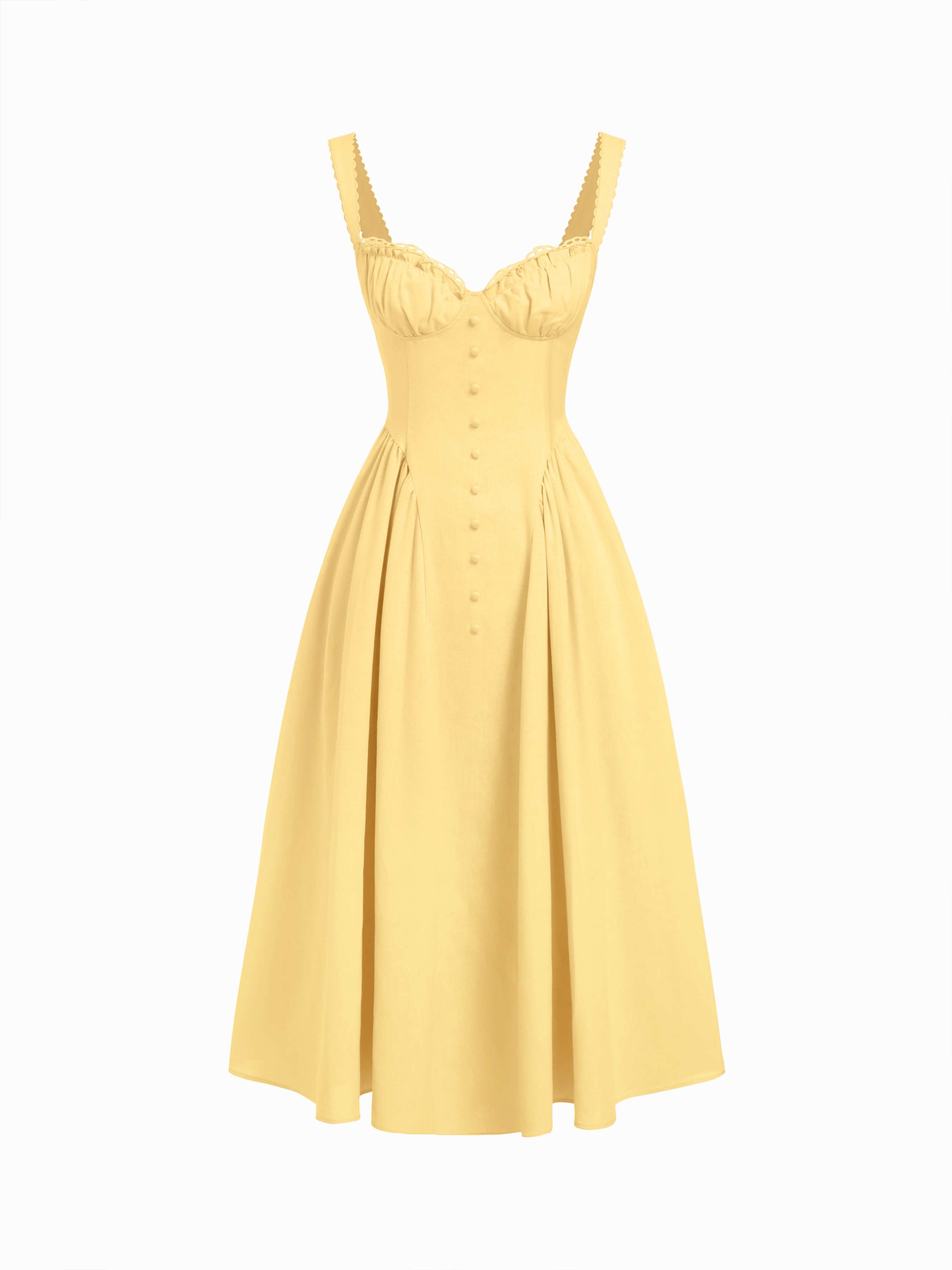 Cotton-blend Sculptural U-neckline Ruffled Lace Up Flared Maxi Dress - Light Yellow