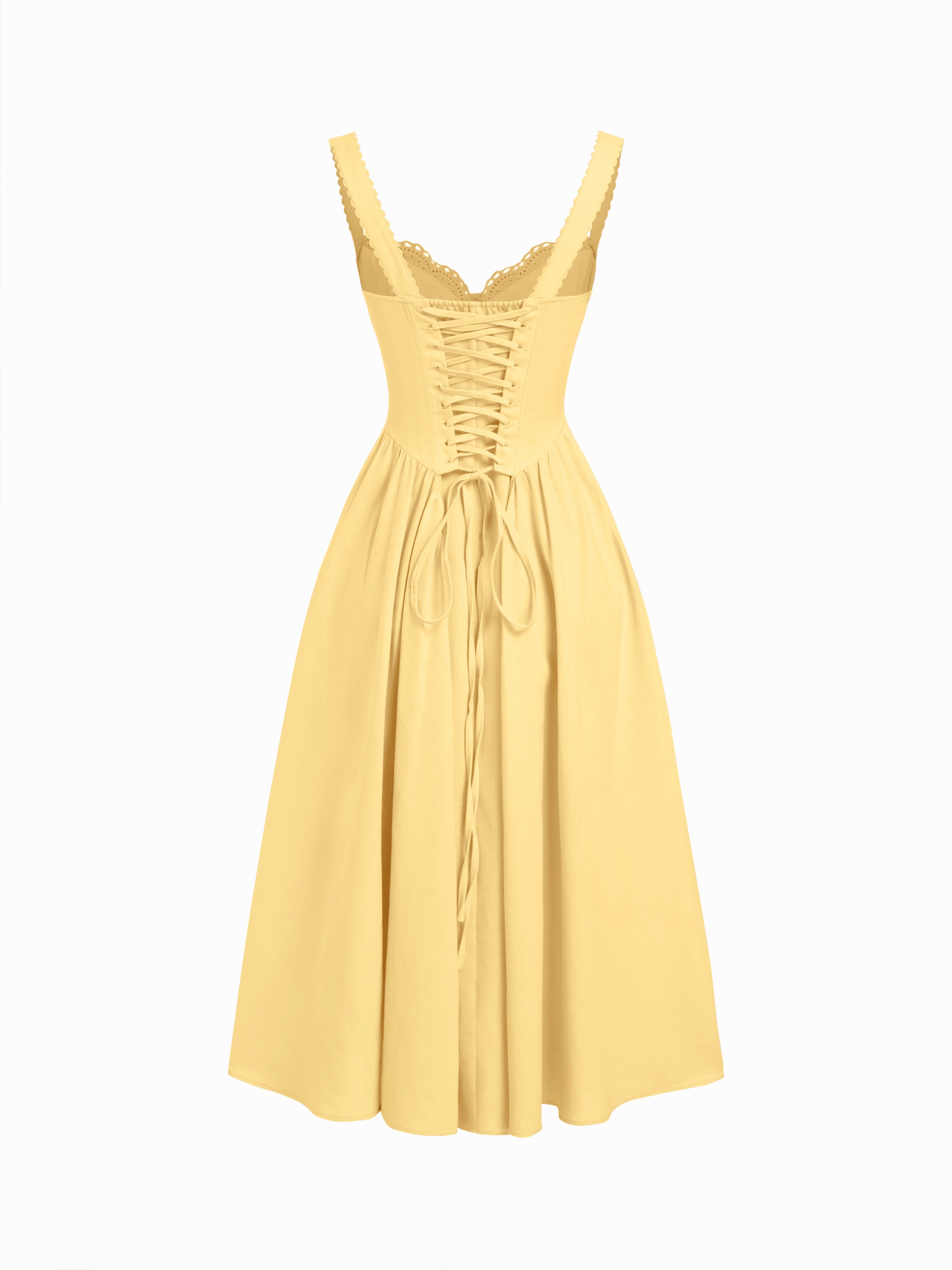 Cotton-blend Sculptural U-neckline Ruffled Lace Up Flared Maxi Dress - Light Yellow