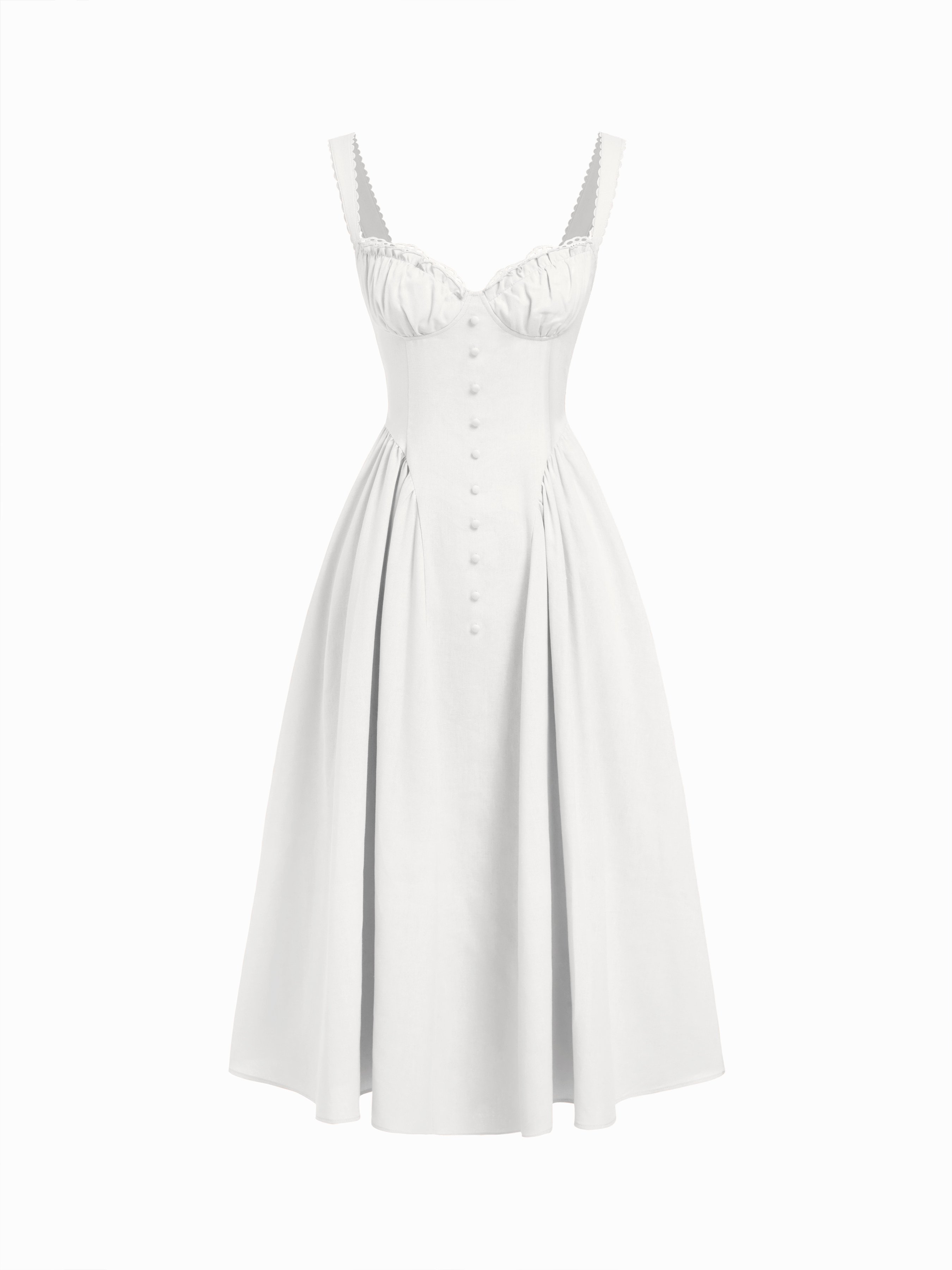 Cotton-blend Sculptural U-neckline Ruffled Lace Up Flared Maxi Dress - White