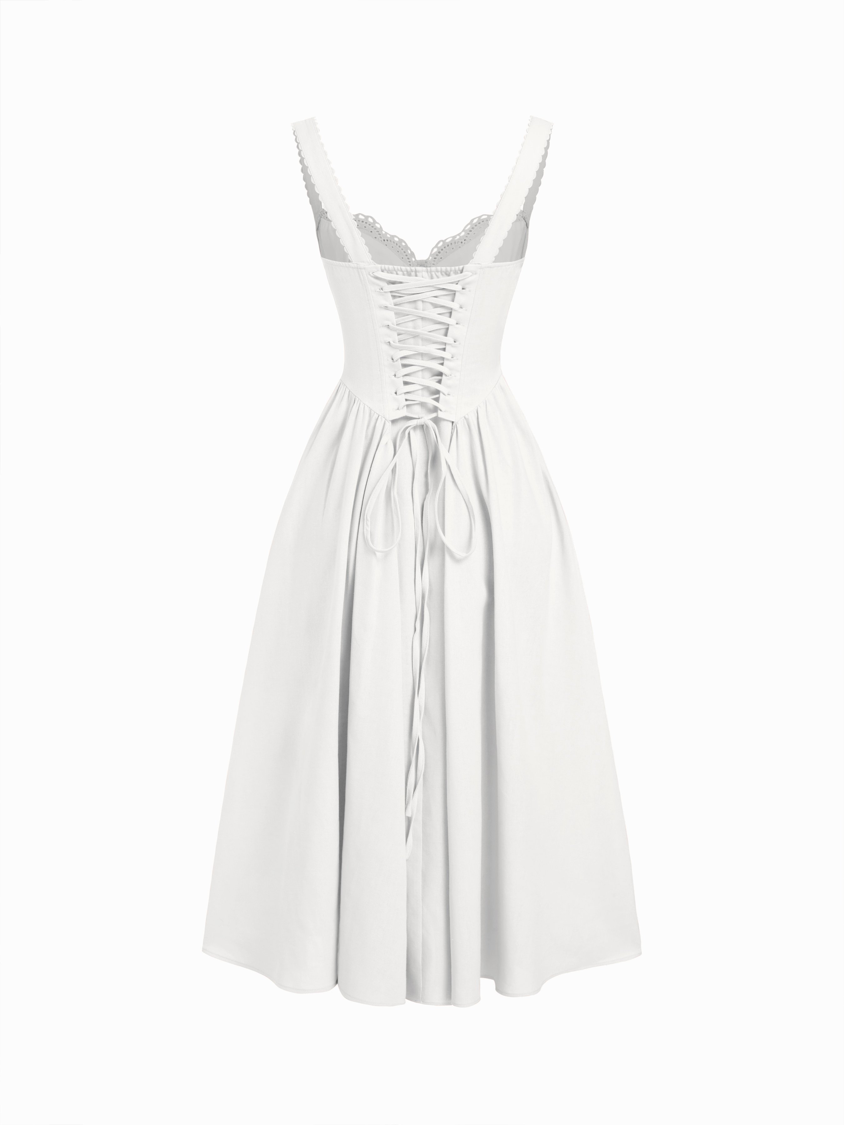 Cotton-blend Sculptural U-neckline Ruffled Lace Up Flared Maxi Dress - White