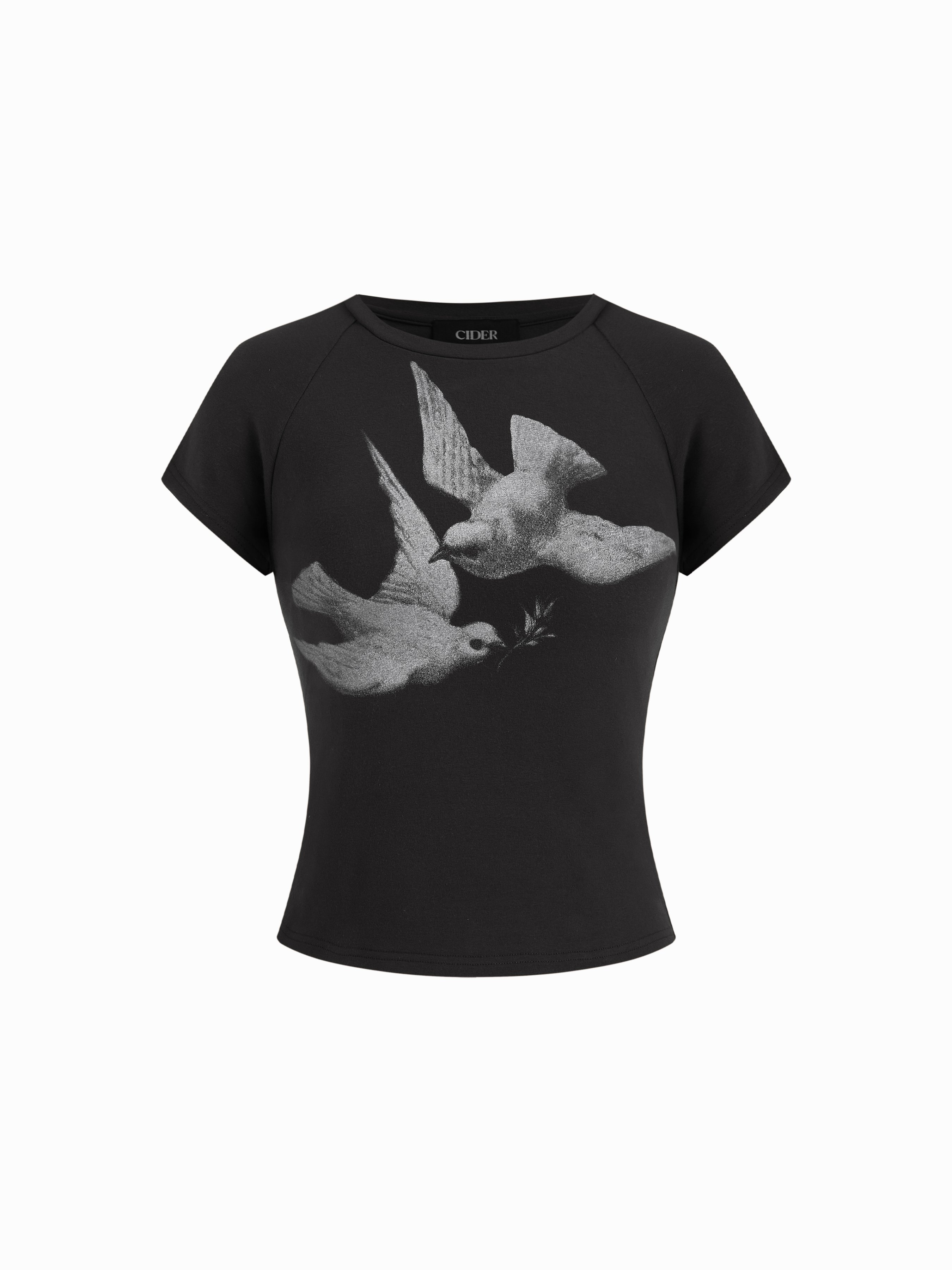 Bird Graphic Cotton Raglan Sleeve Crop Tee - Black