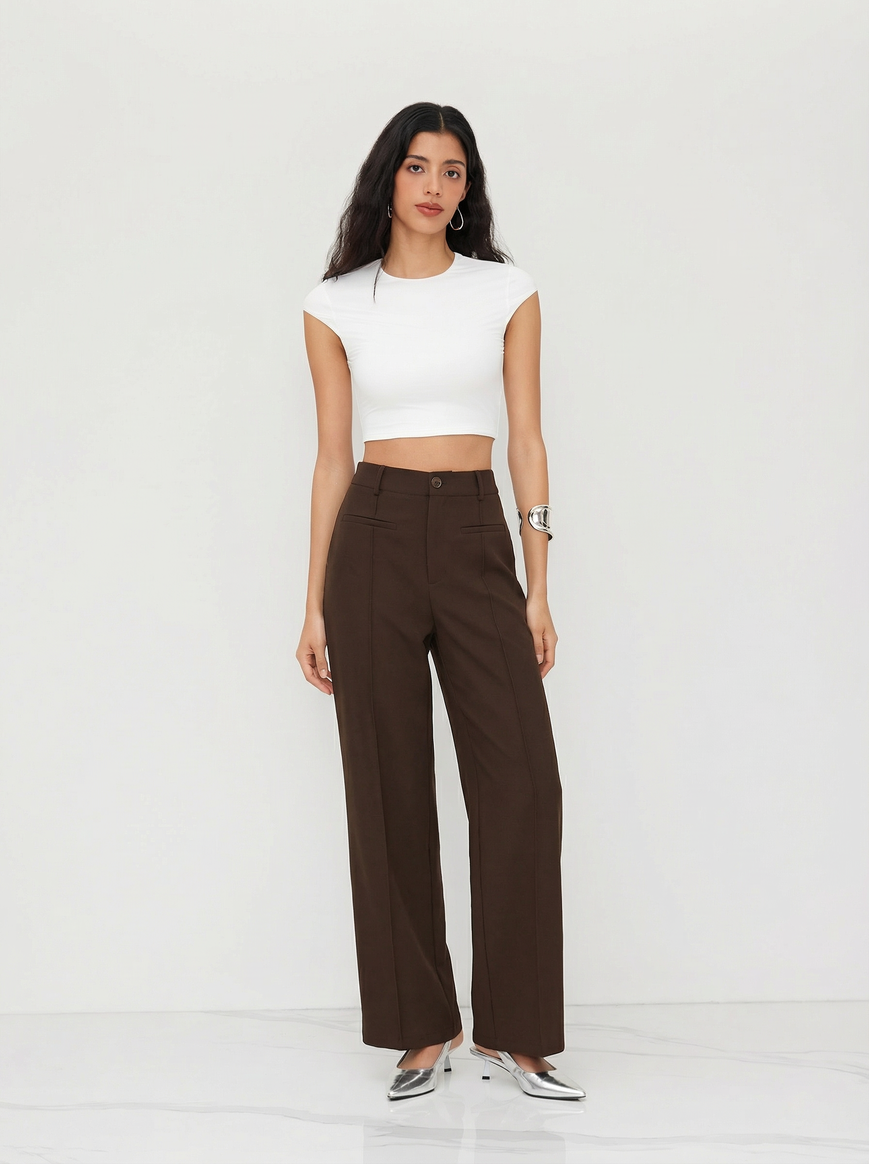 Mid Rise Pleated Straight Leg Trousers - Coffee
