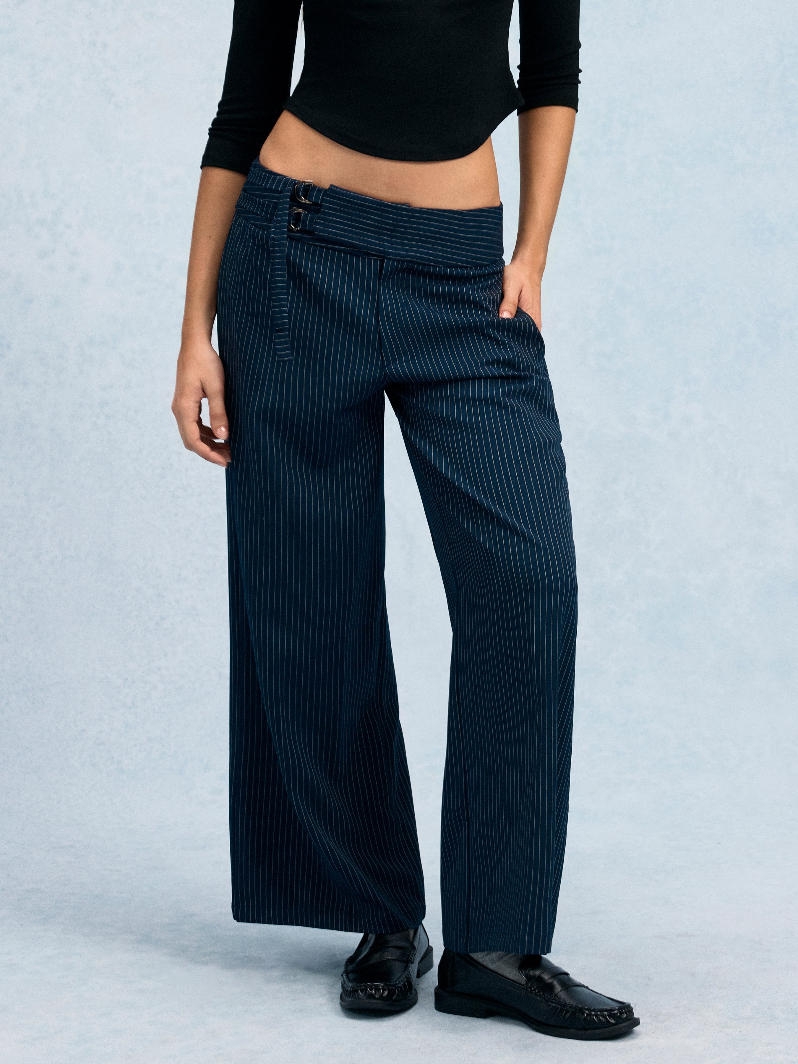 Striped Low Rise Buckle Wide Leg Trousers - Dark denim