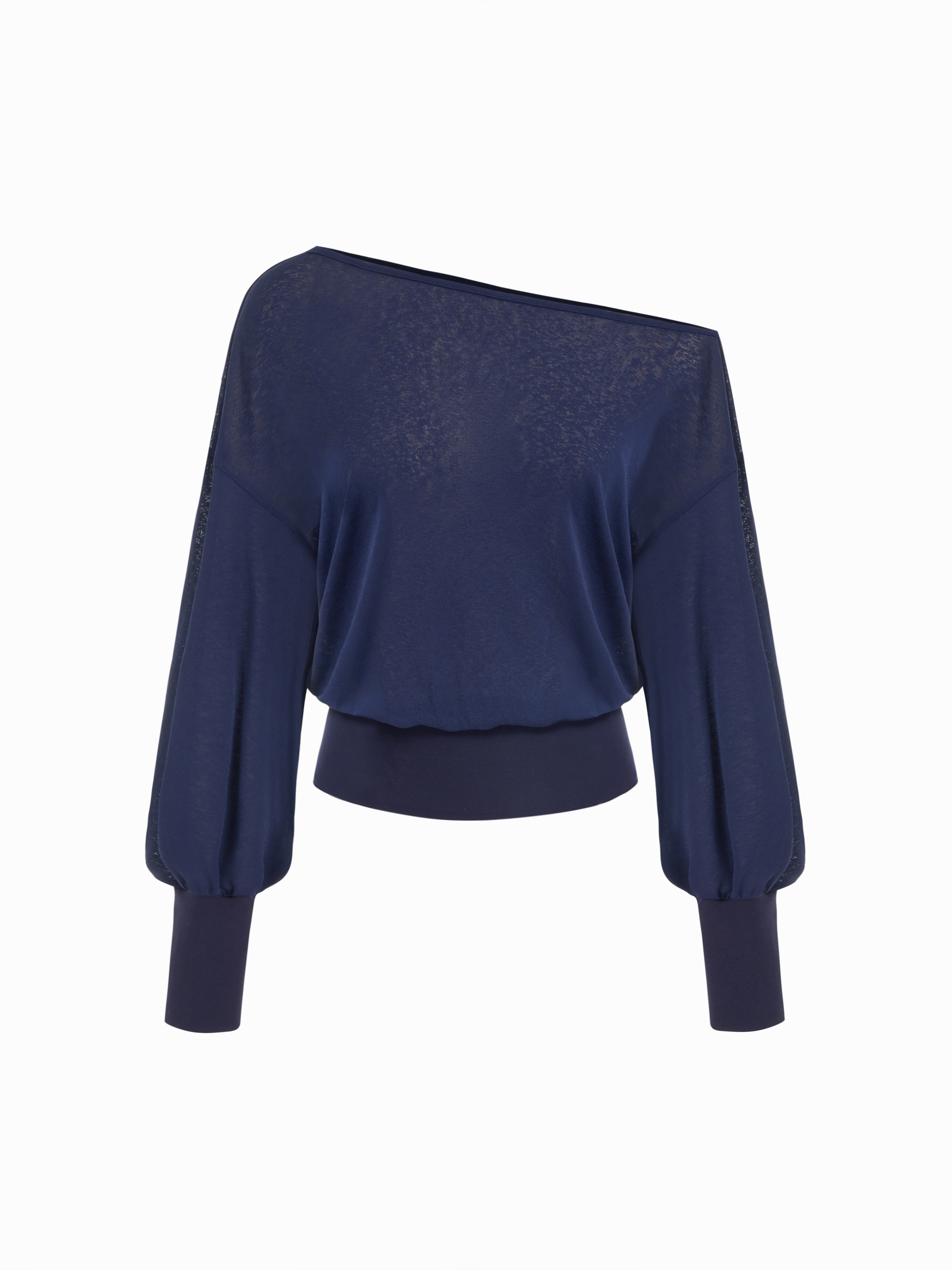 Cotton-blend Textured Asymmetrical Neck Lantern Sleeve Oversized Top & Cami Top - Dark Navy