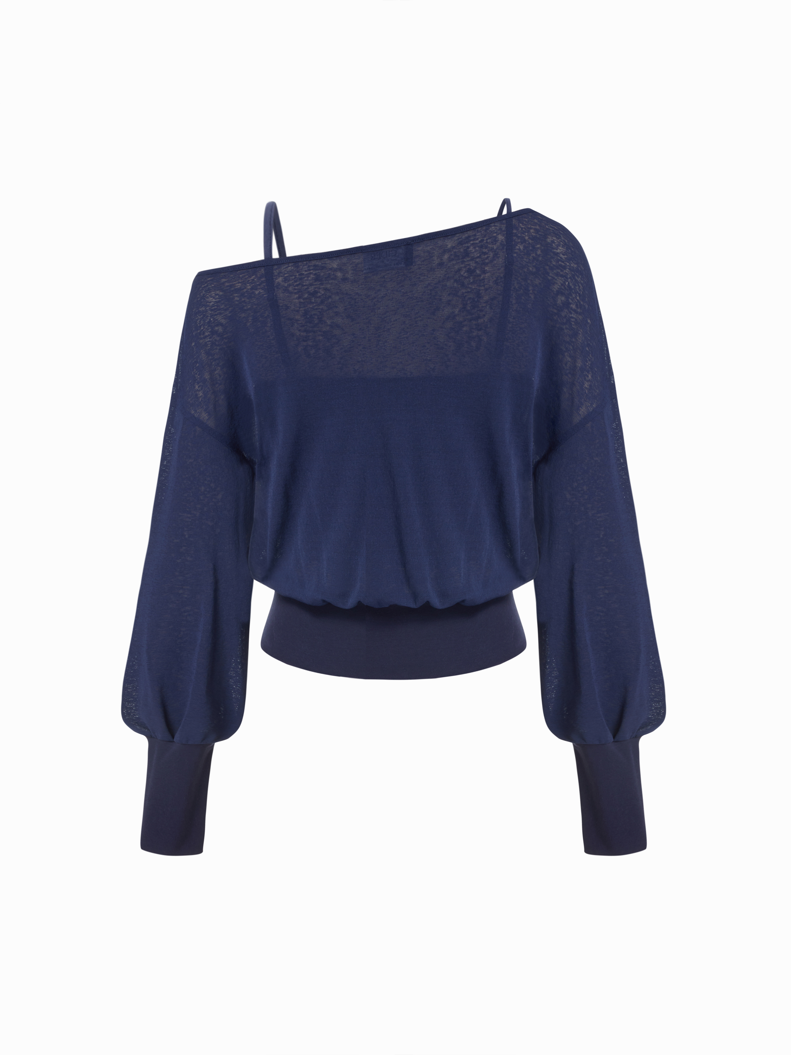 Cotton-blend Textured Asymmetrical Neck Lantern Sleeve Oversized Top & Cami Top - Dark Navy