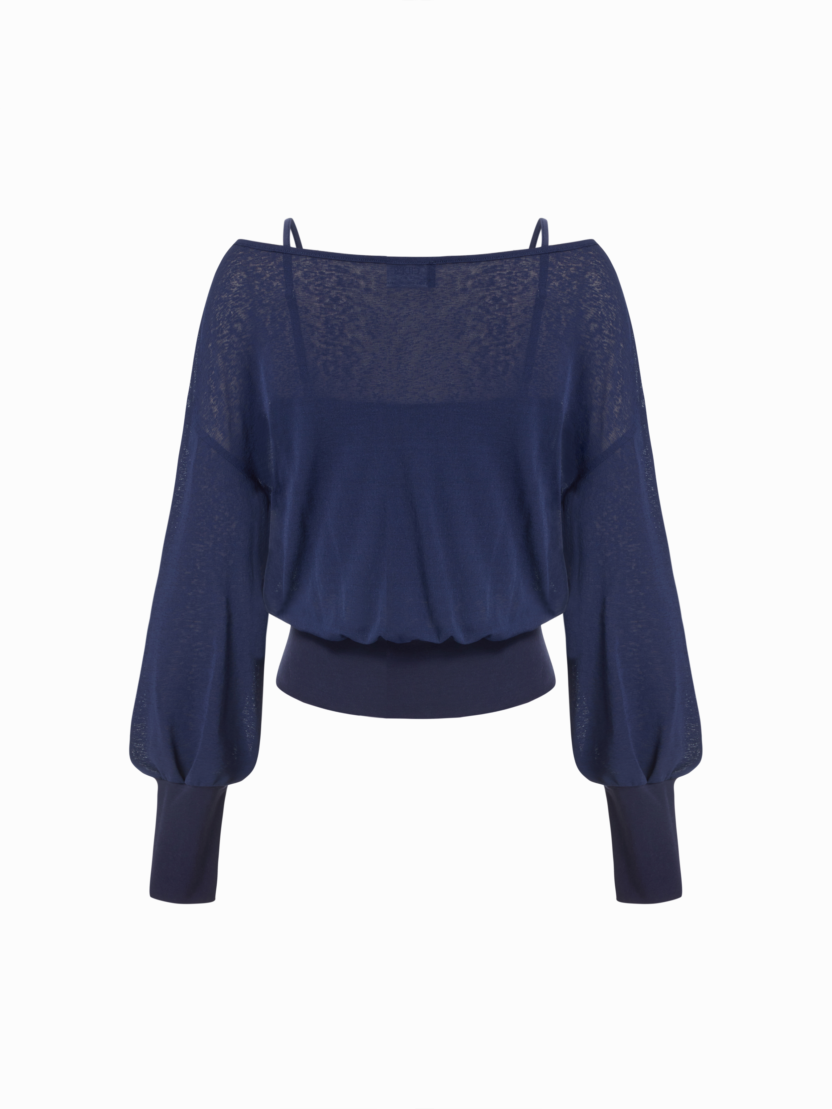 Cotton-blend Textured Asymmetrical Neck Lantern Sleeve Oversized Top & Cami Top - Dark Navy