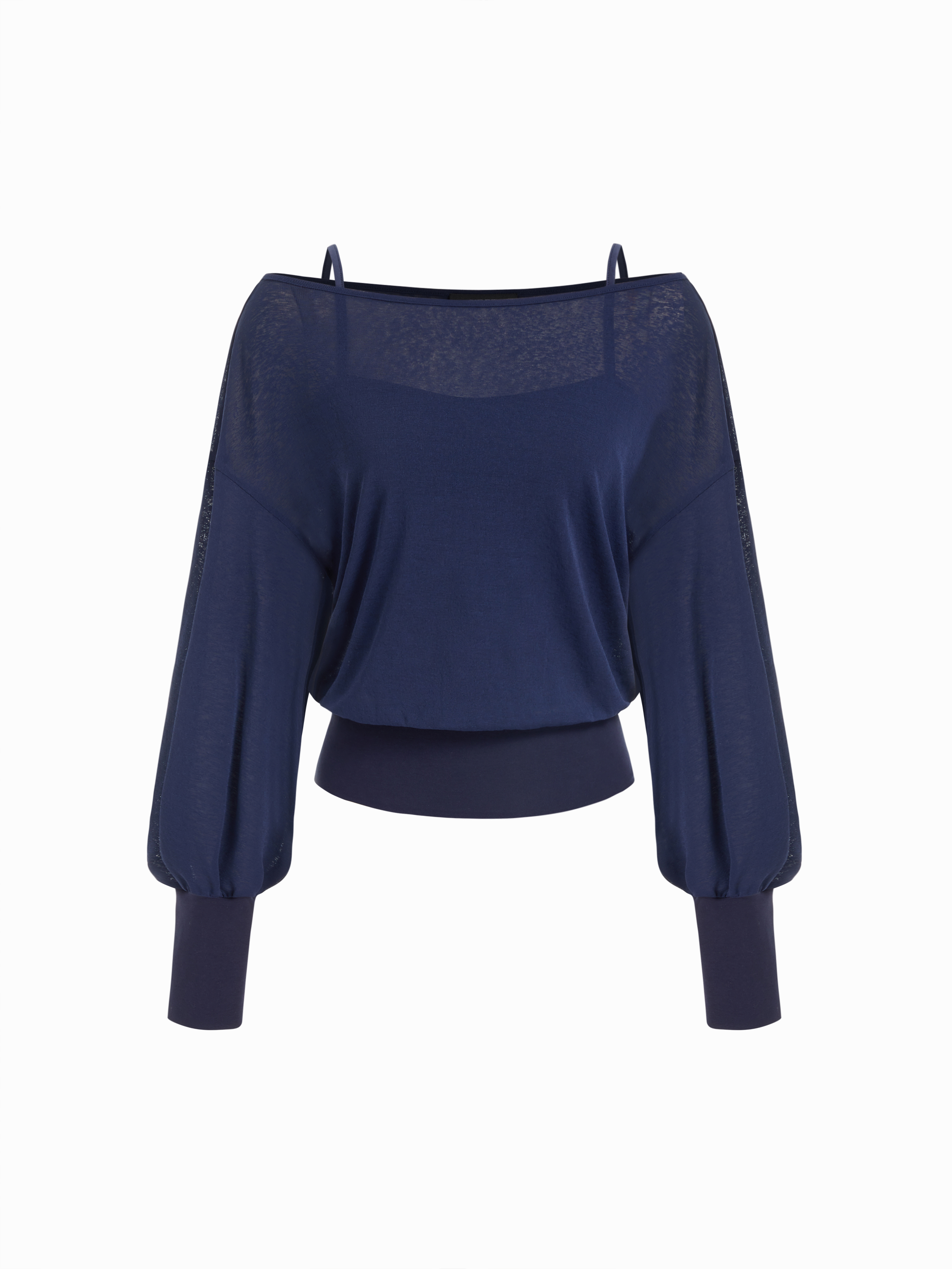 Cotton-blend Textured Asymmetrical Neck Lantern Sleeve Oversized Top & Cami Top - Dark Navy