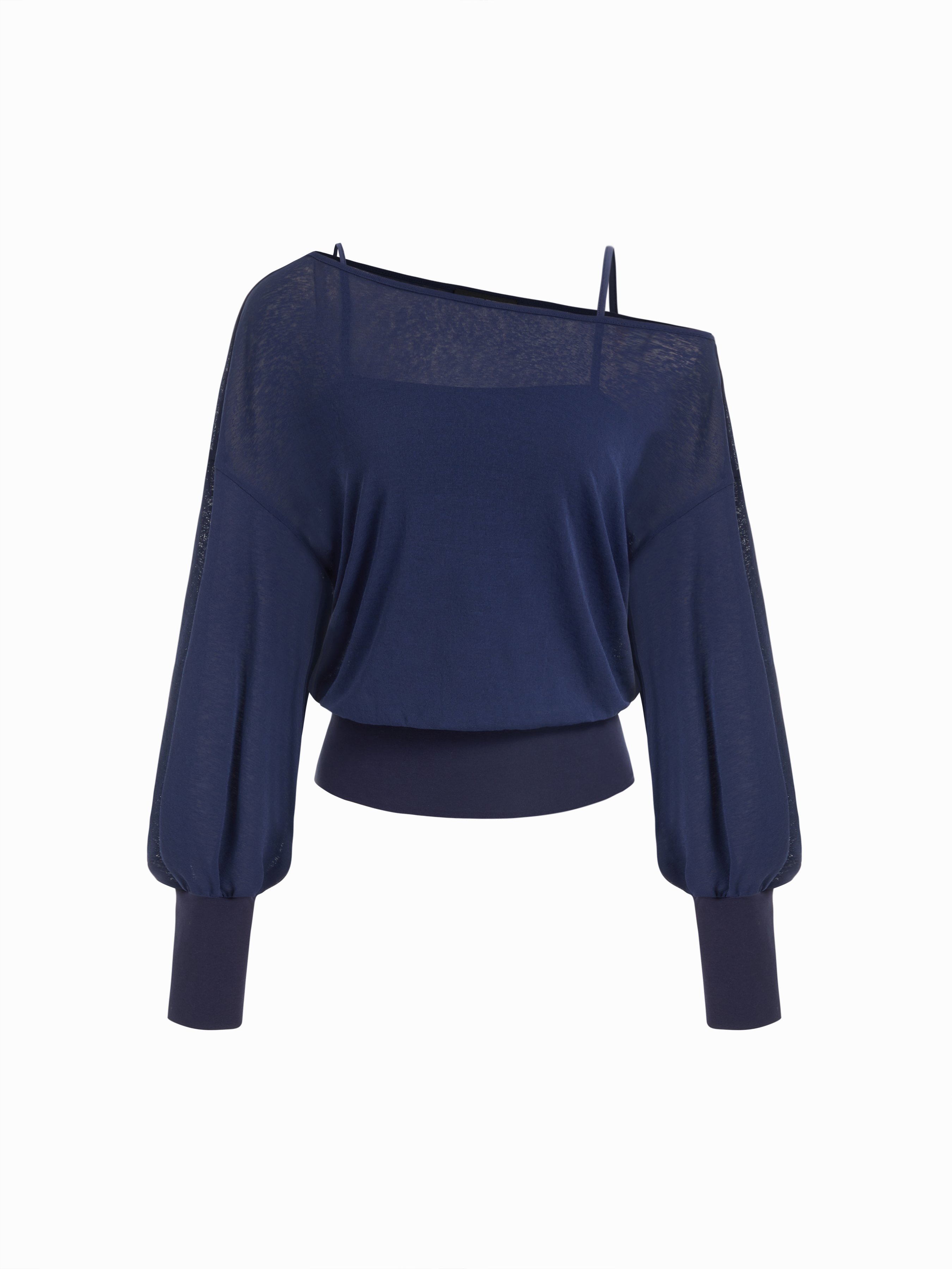 Cotton-blend Textured Asymmetrical Neck Lantern Sleeve Oversized Top & Cami Top - Dark Navy