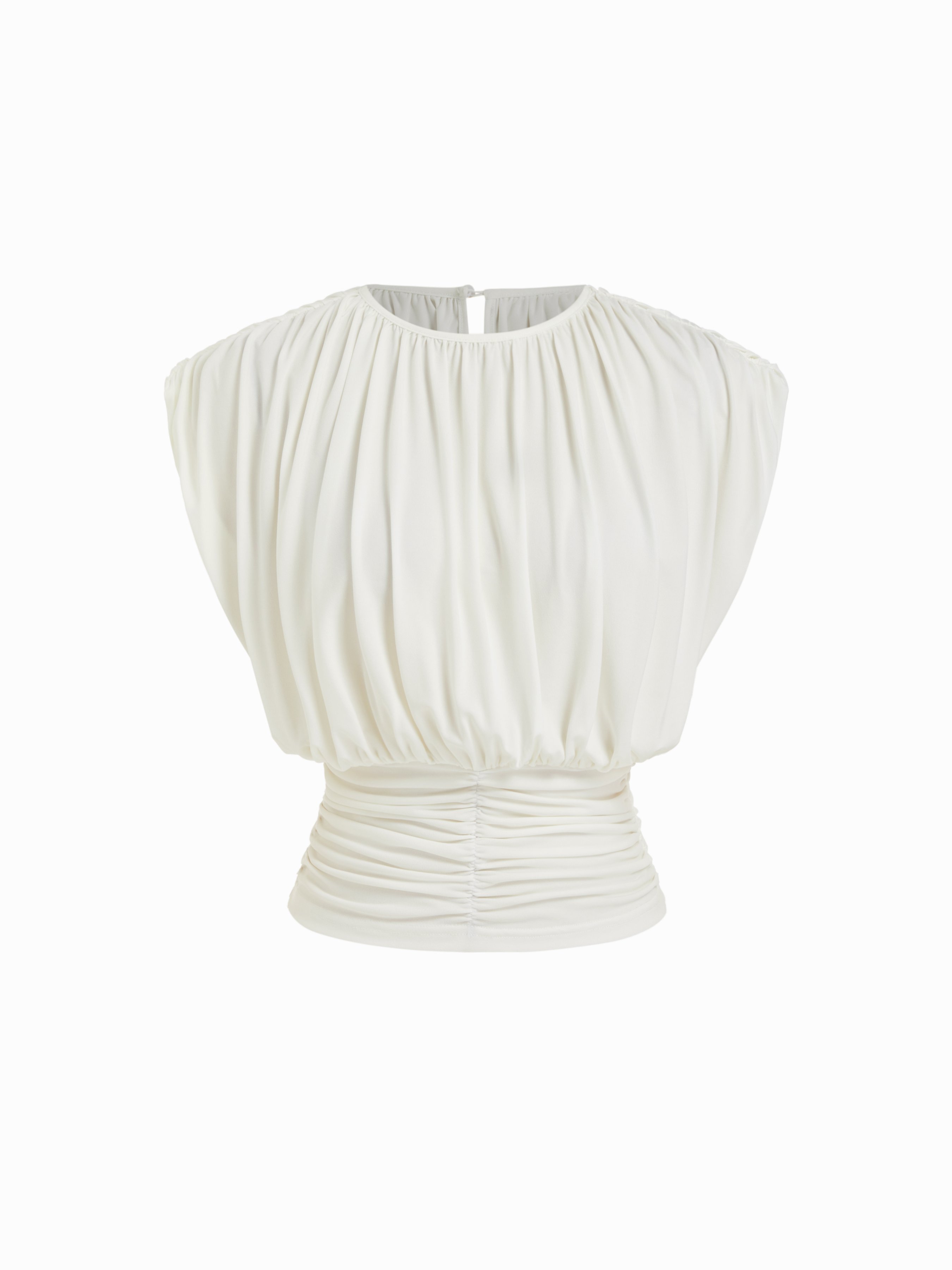Draped Ruched Round Neckline Sleeveless Top - White