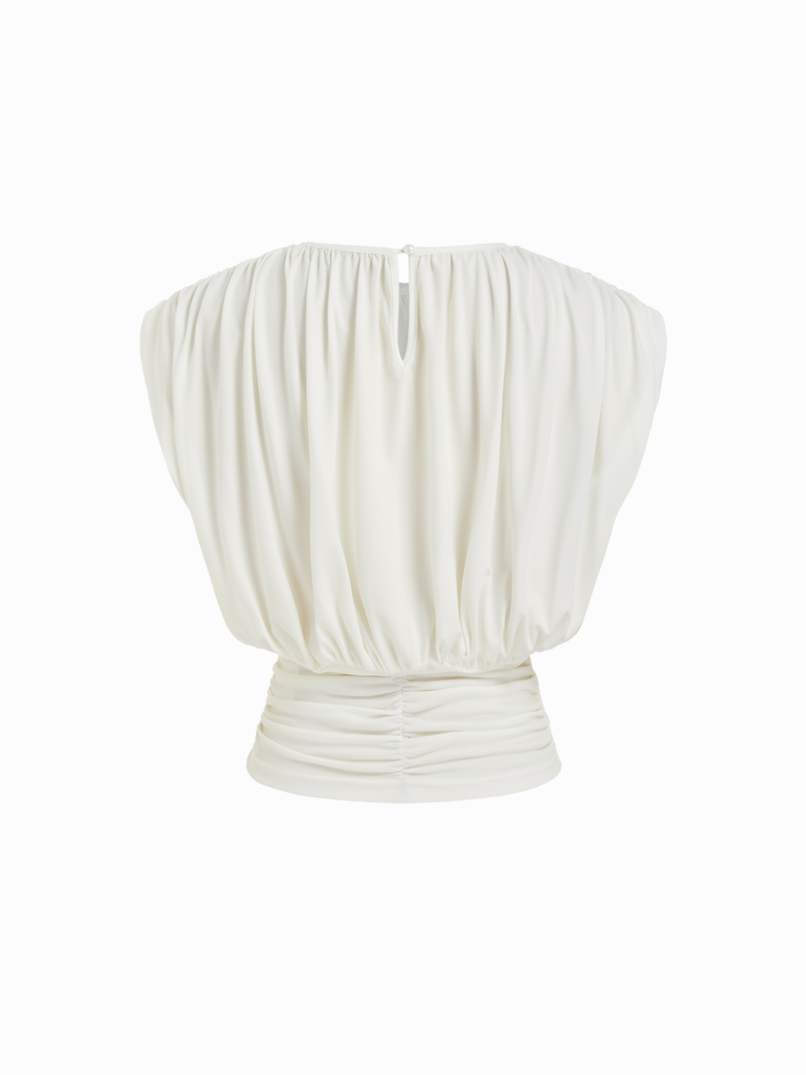 Draped Ruched Round Neckline Sleeveless Top - White