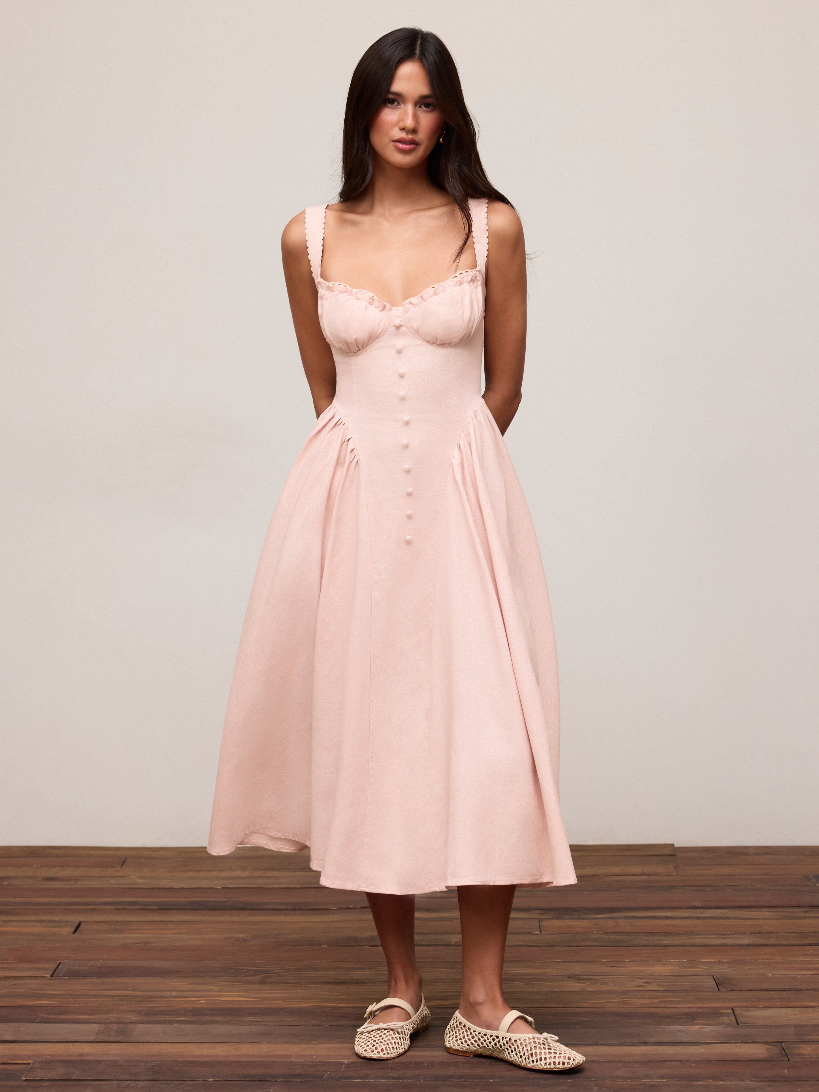 Cotton-blend Sculptural U-neckline Ruffled Lace Up Flared Maxi Dress - Pink