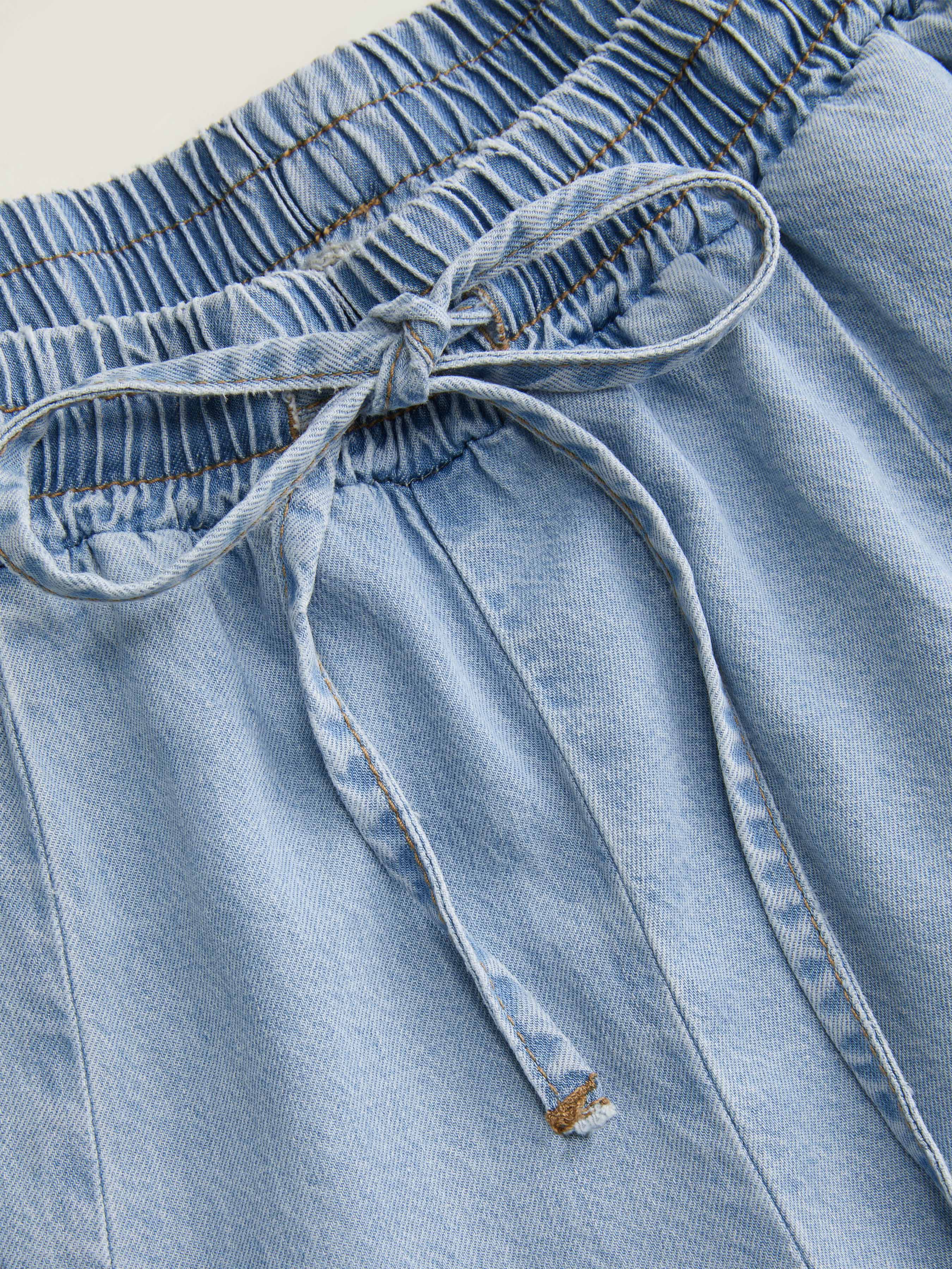 Denim Mid Rise Drawstring Ruched Wide Leg Jeans - Washed Out Light Blue