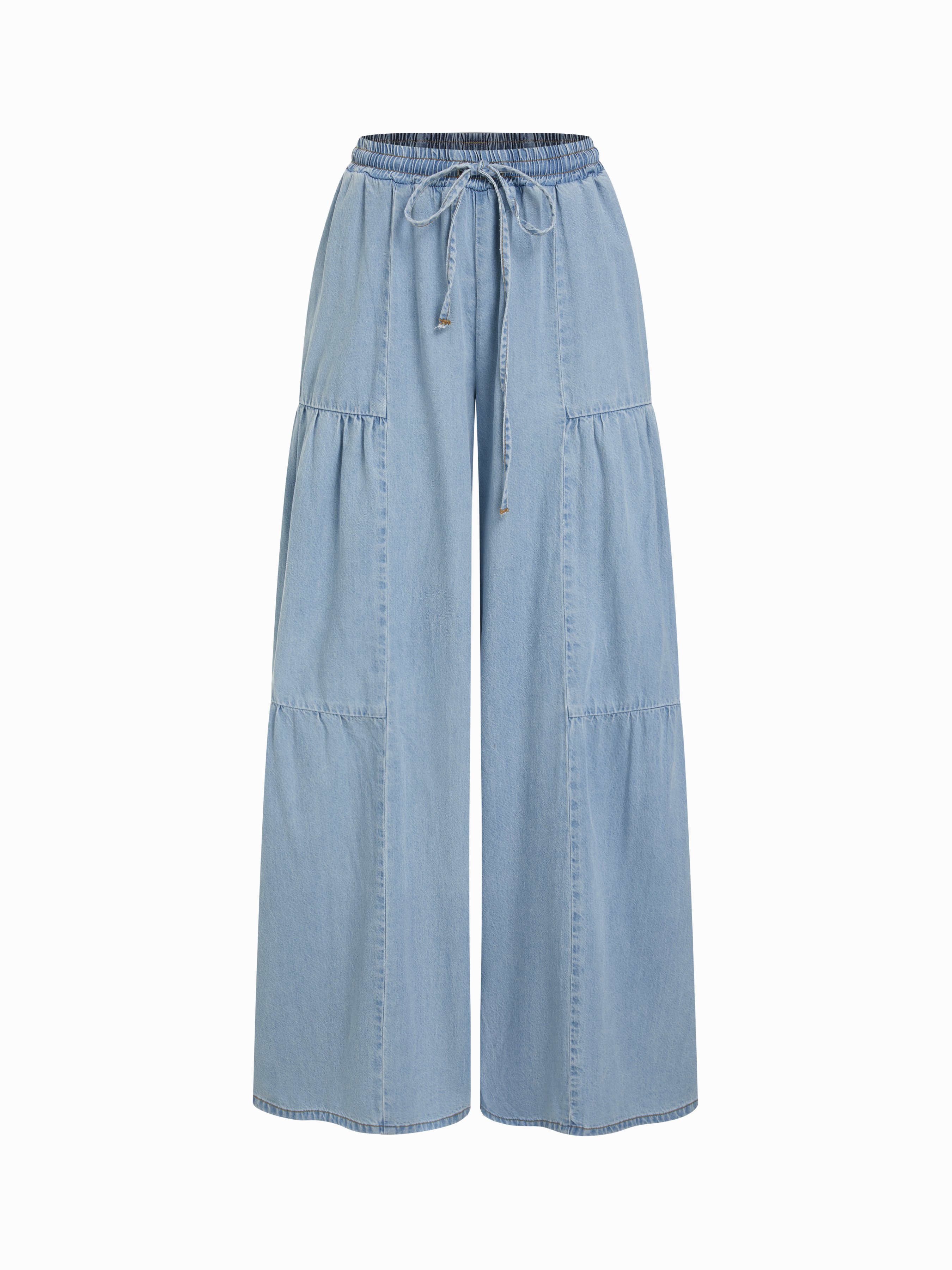 Denim Mid Rise Drawstring Ruched Wide Leg Jeans - Washed Out Light Blue