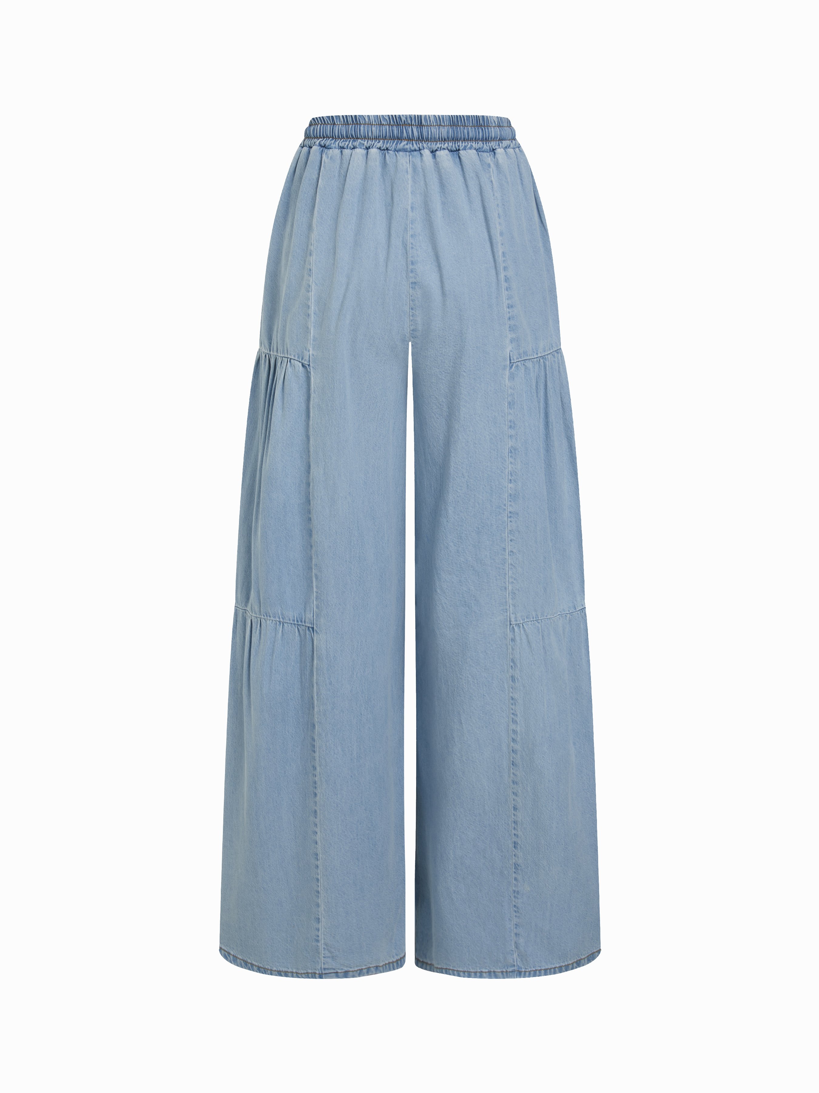 Denim Mid Rise Drawstring Ruched Wide Leg Jeans - Washed Out Light Blue