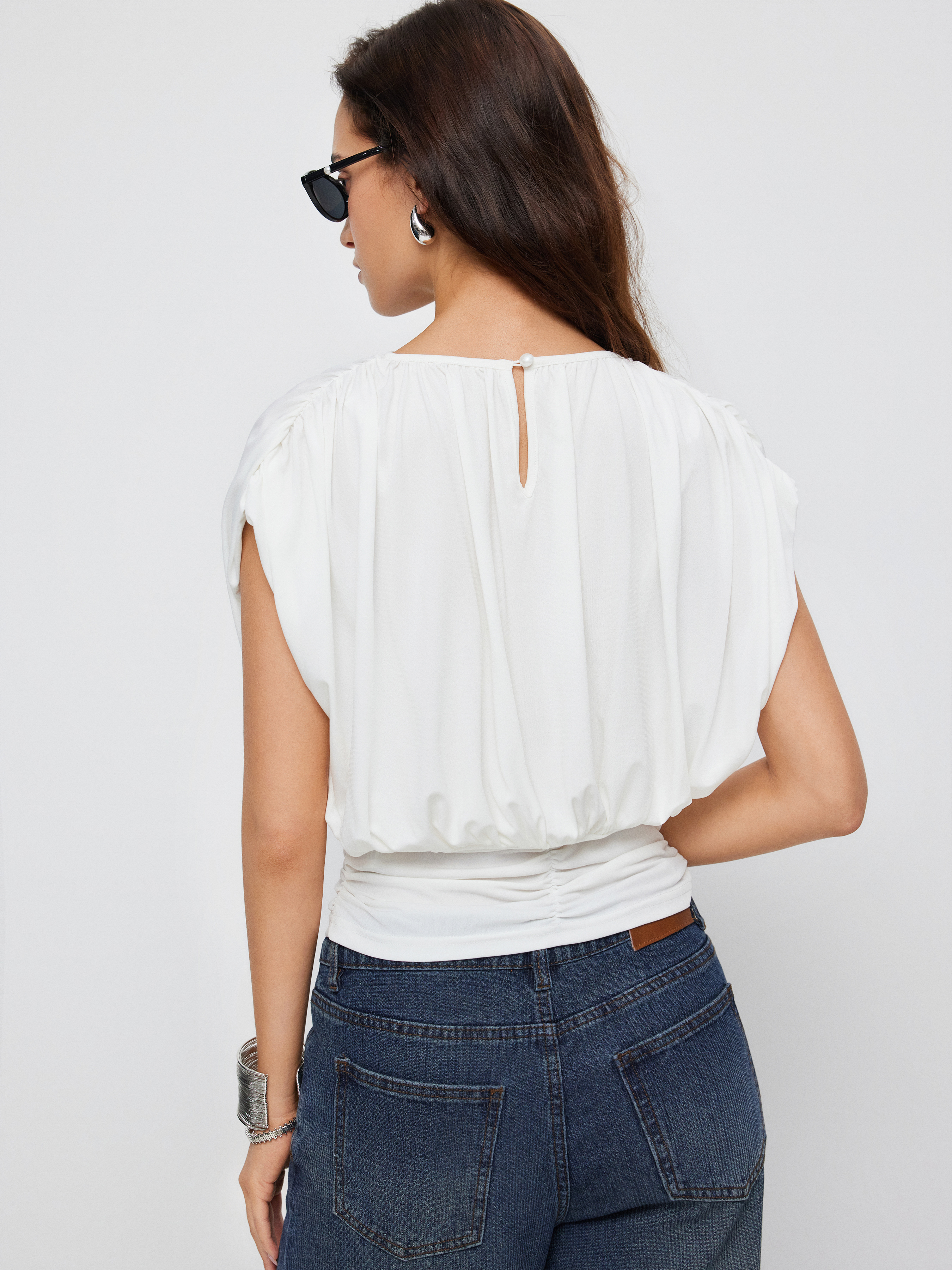 Draped Ruched Round Neckline Sleeveless Top - White
