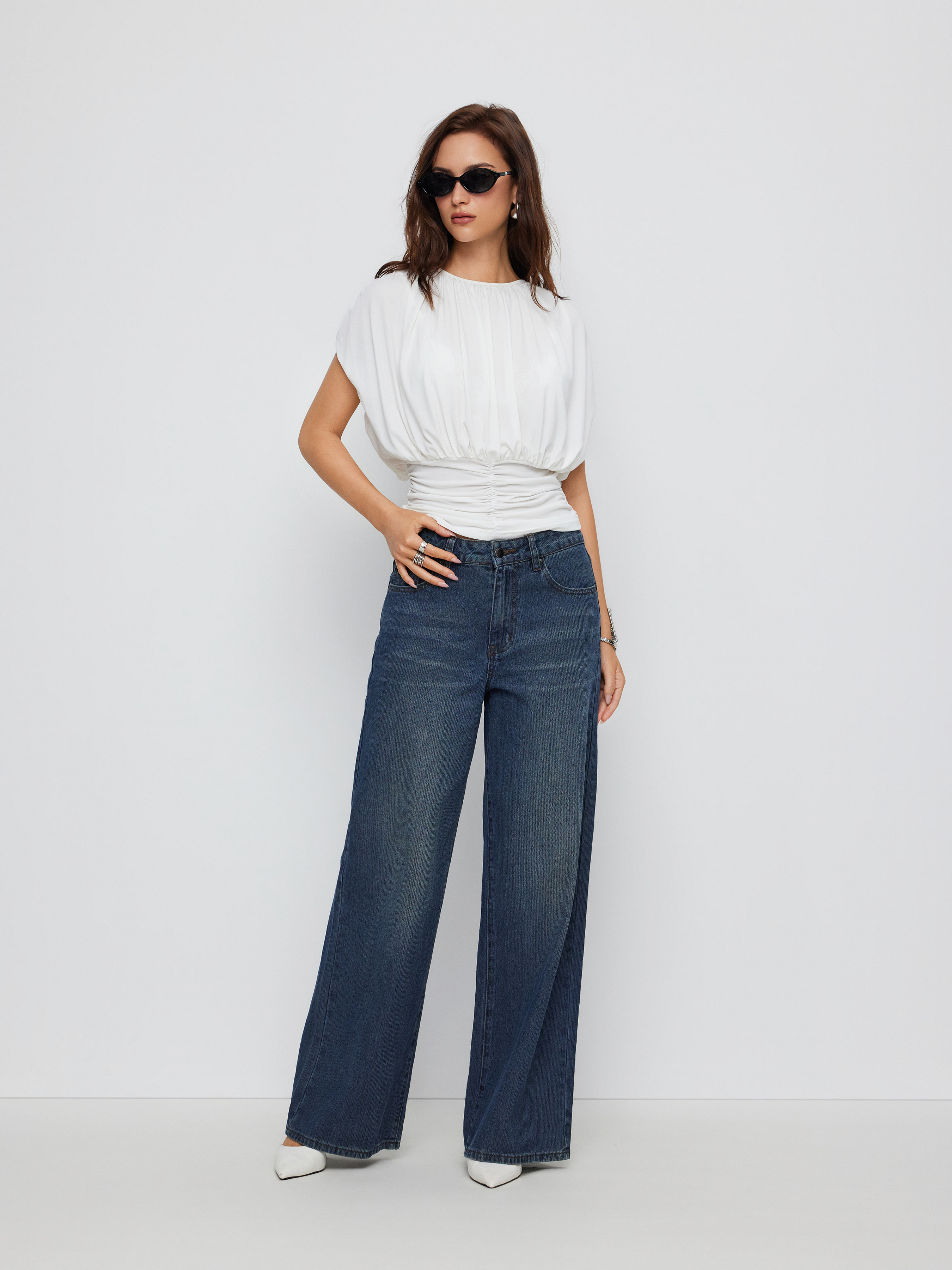 Draped Ruched Round Neckline Sleeveless Top - White