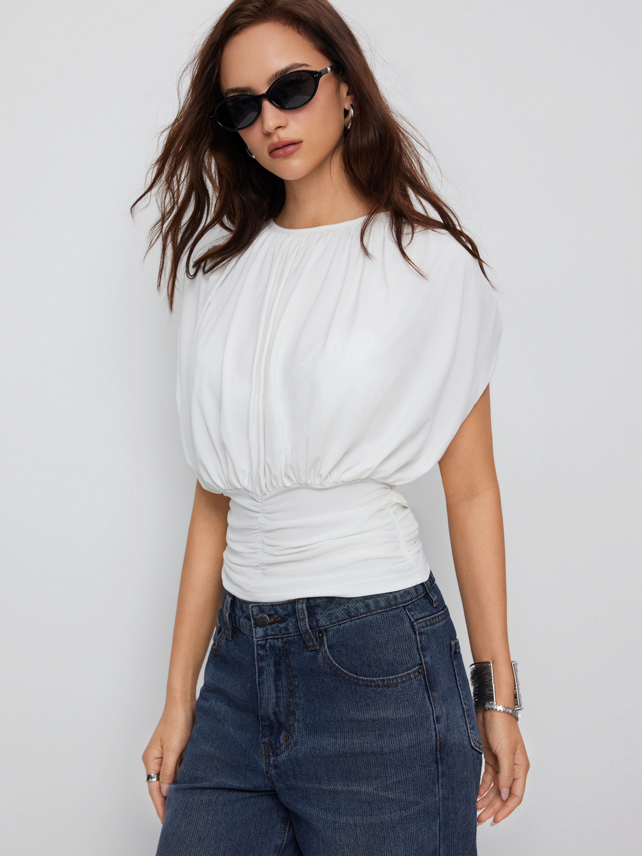 Draped Ruched Round Neckline Sleeveless Top - White