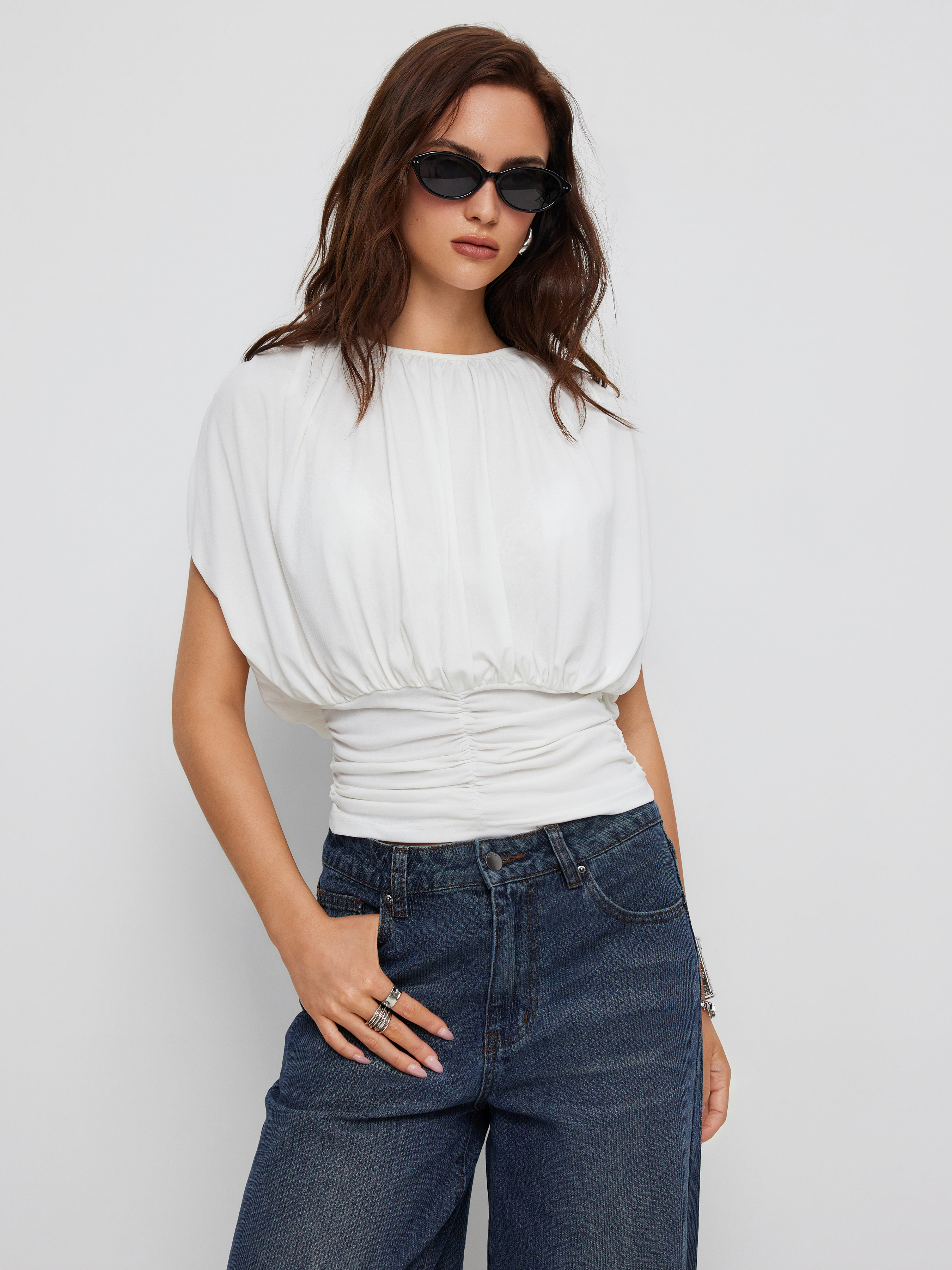 Draped Ruched Round Neckline Sleeveless Top - White