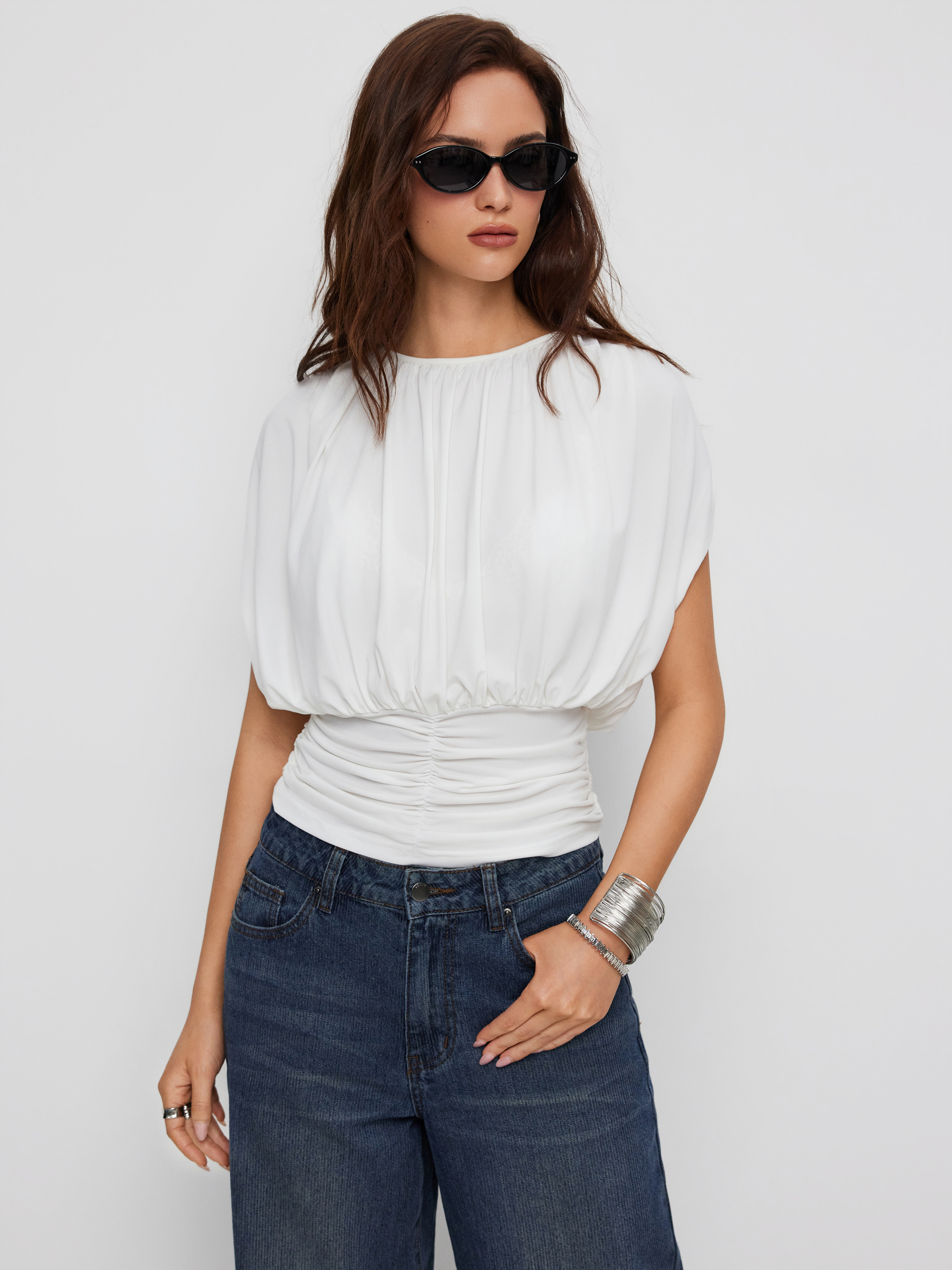 Draped Ruched Round Neckline Sleeveless Top - White