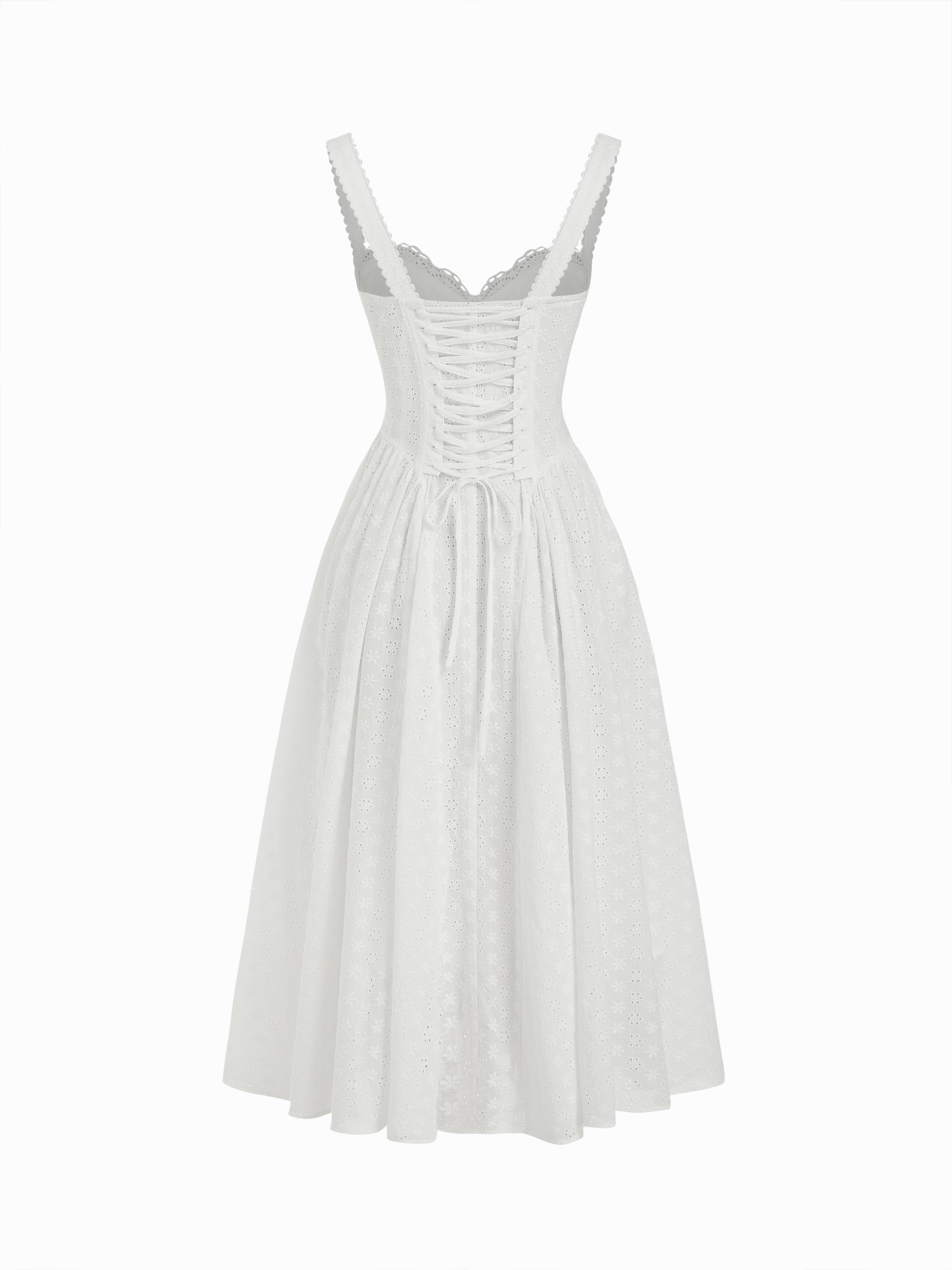 Cotton-blend Sculptural U-neckline Ruffled Lace Up Flared Maxi Dress - Ivory