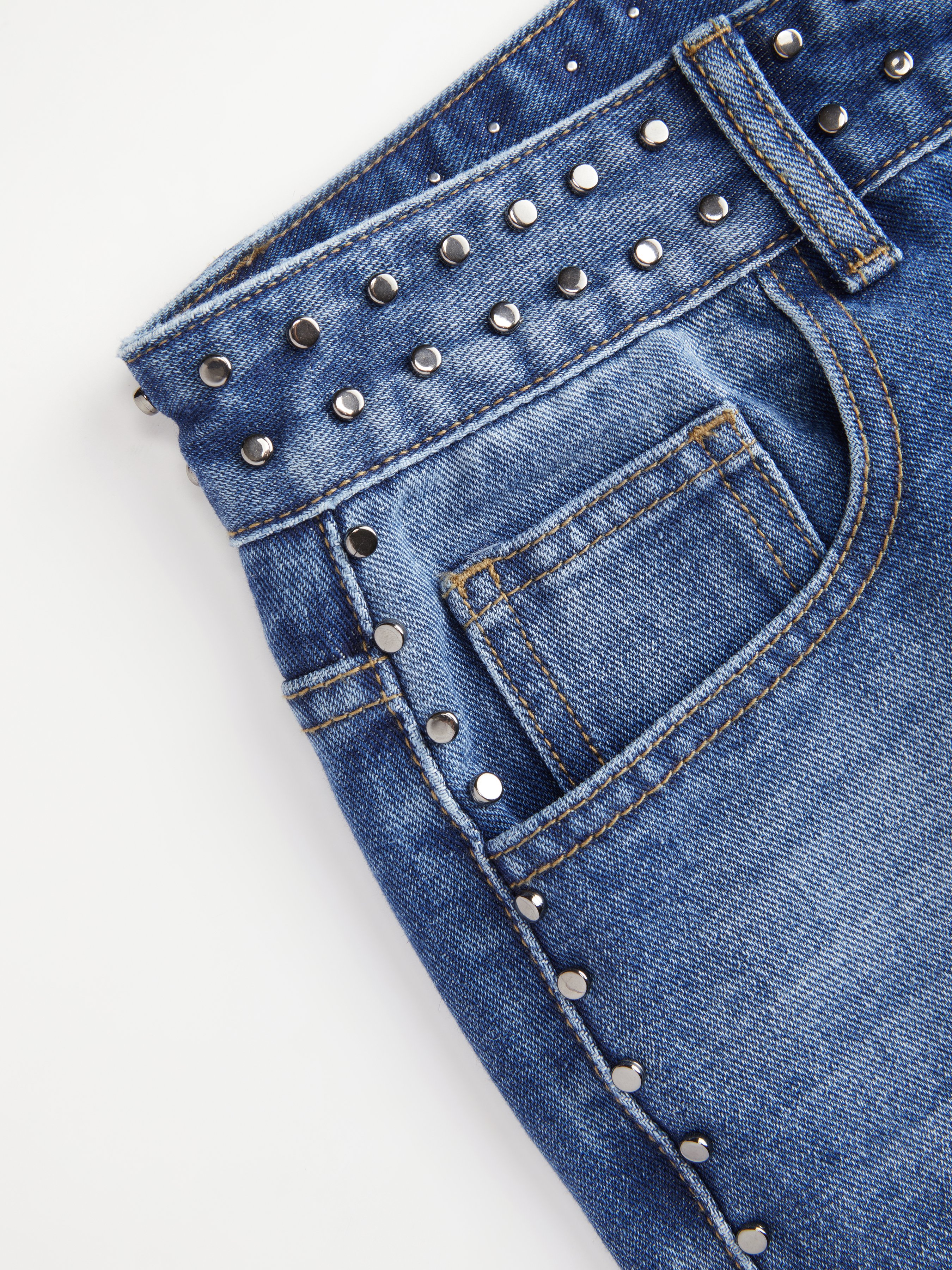 Washed Denim Low Rise Studded Straight Leg Jeans