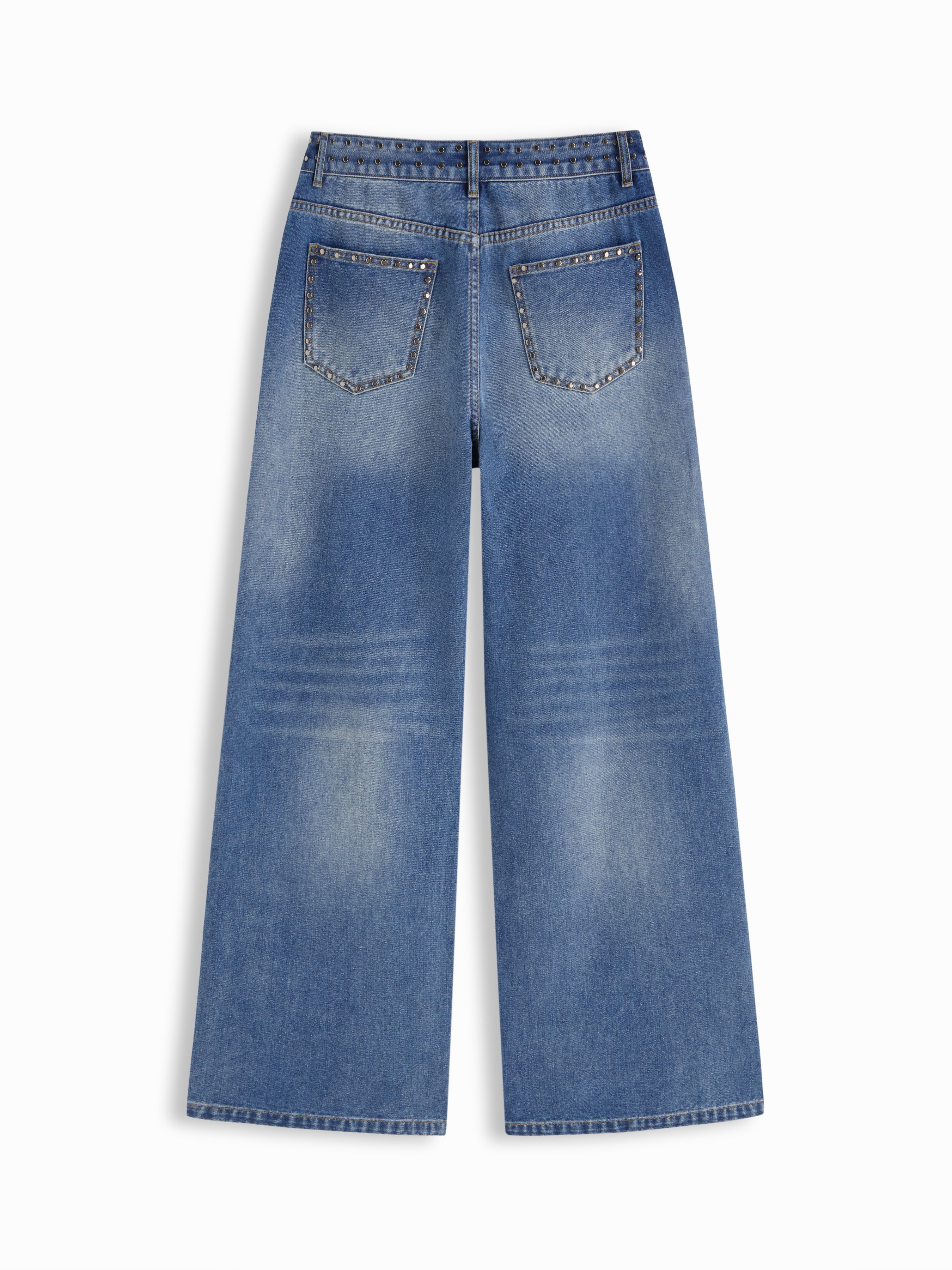 Washed Denim Low Rise Studded Straight Leg Jeans