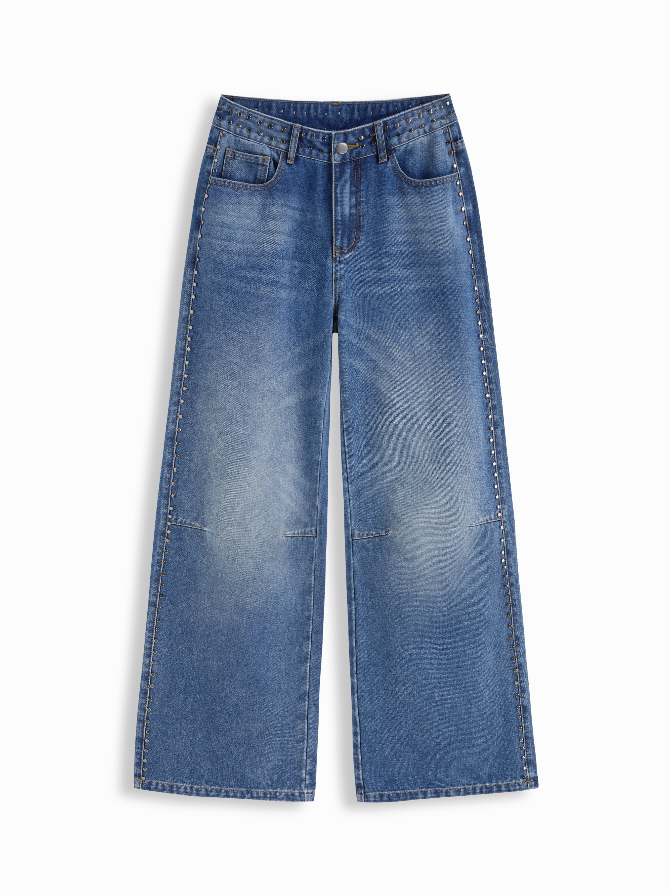 Washed Denim Low Rise Studded Straight Leg Jeans