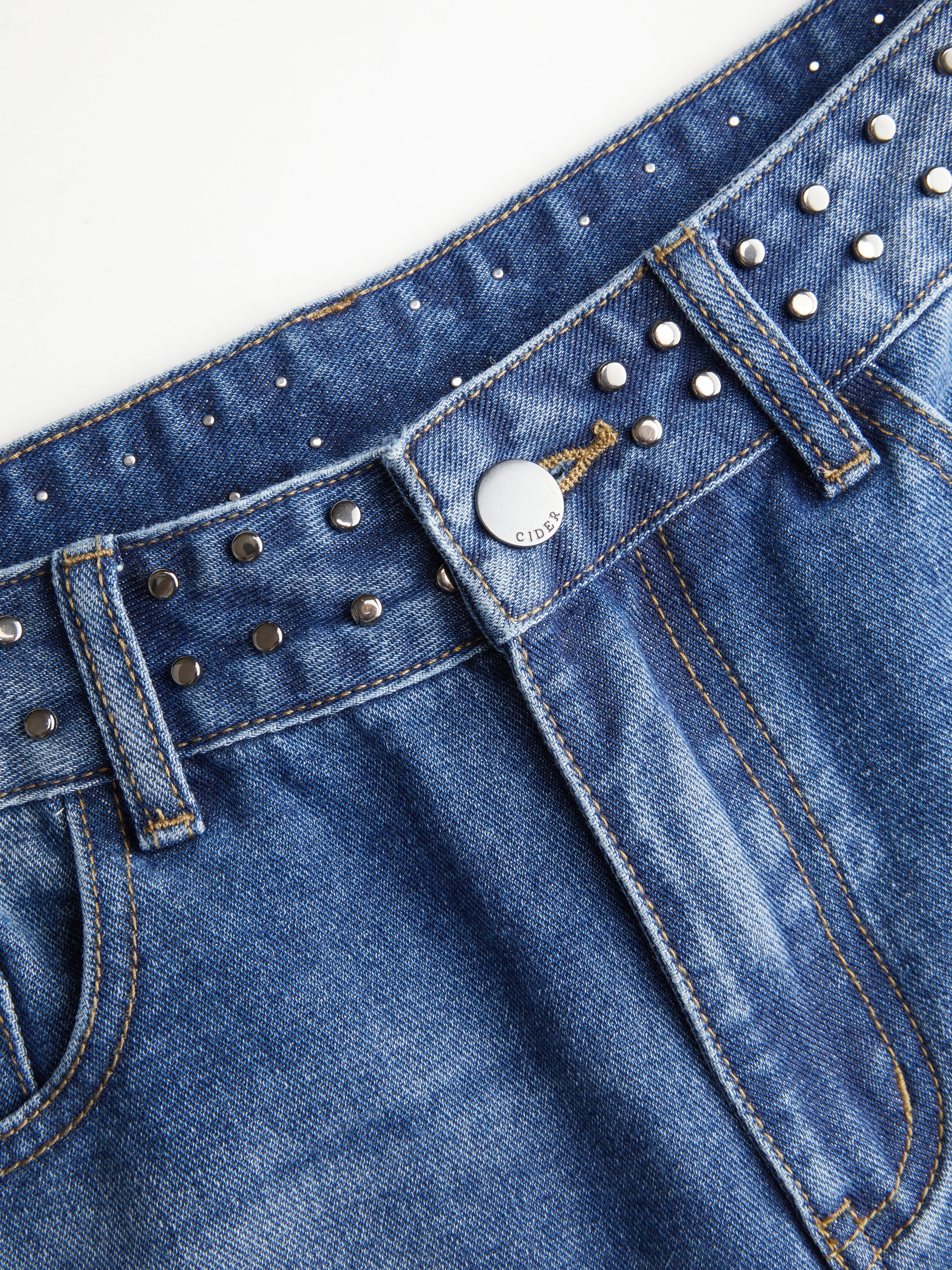 Washed Denim Low Rise Studded Straight Leg Jeans