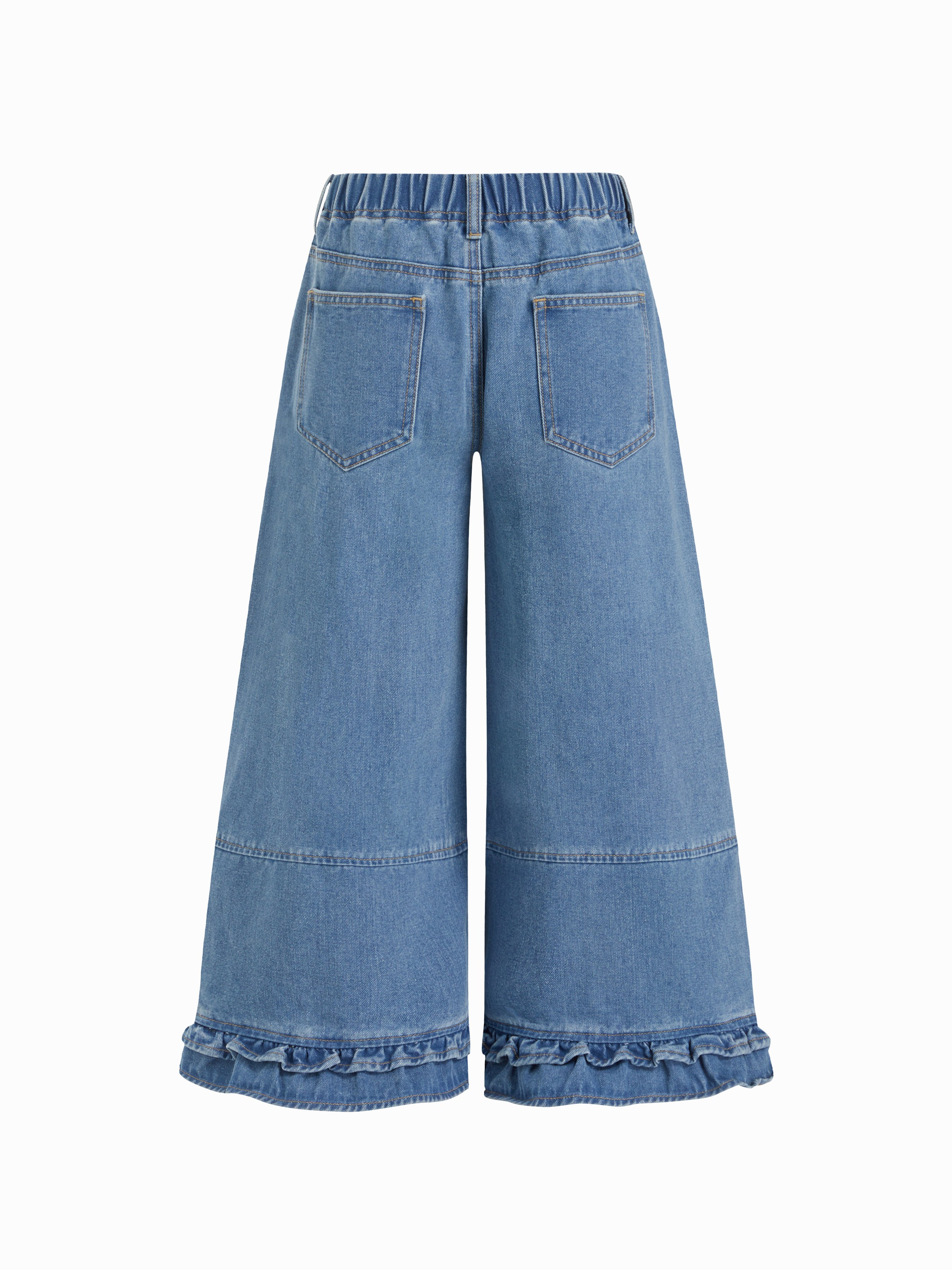 Washed Denim Low Rise Elastic Waist Wide Leg Cropped Bloomer Jeans